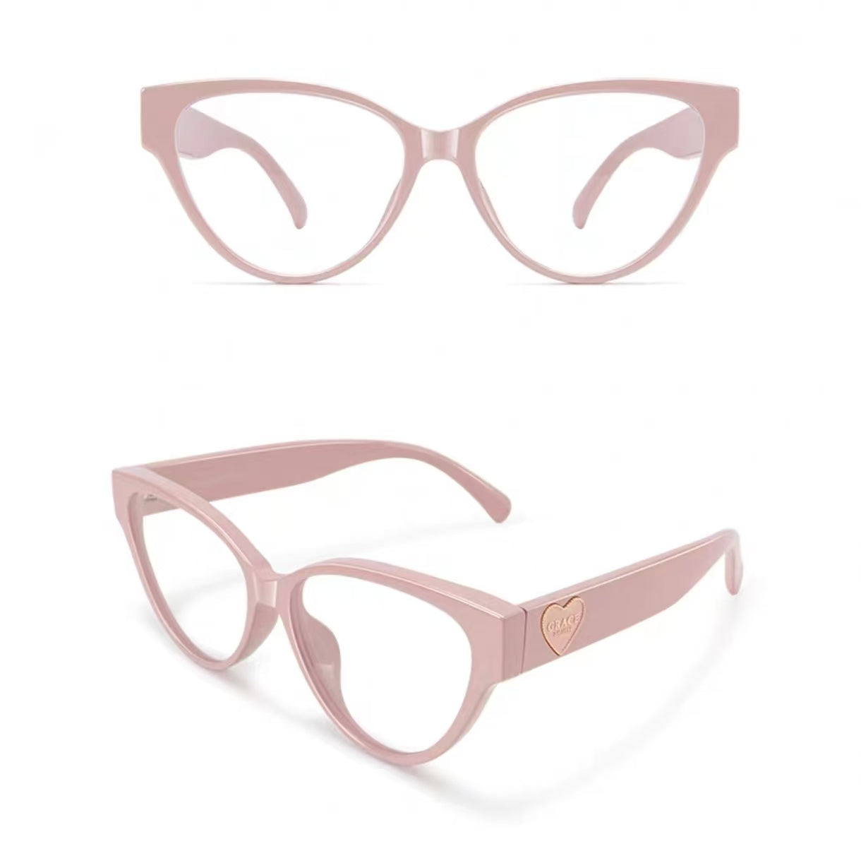 Dusty Pink heart cat-eye full-rim eyeglass frame, front and three-quarter product views