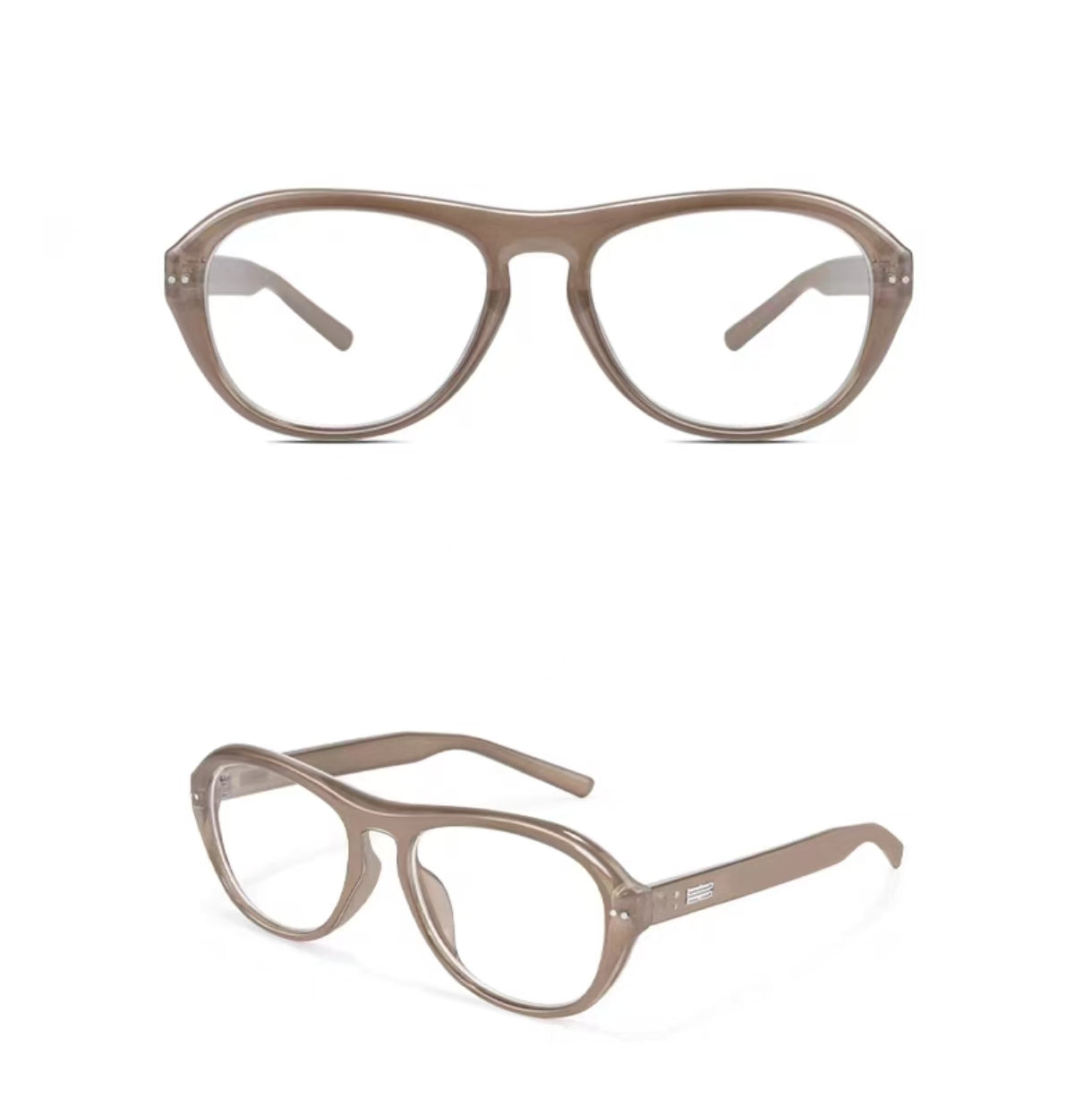 Latte Beige unisex oversized polycarbonate full-rim glasses, original front and 45-degree composite detail