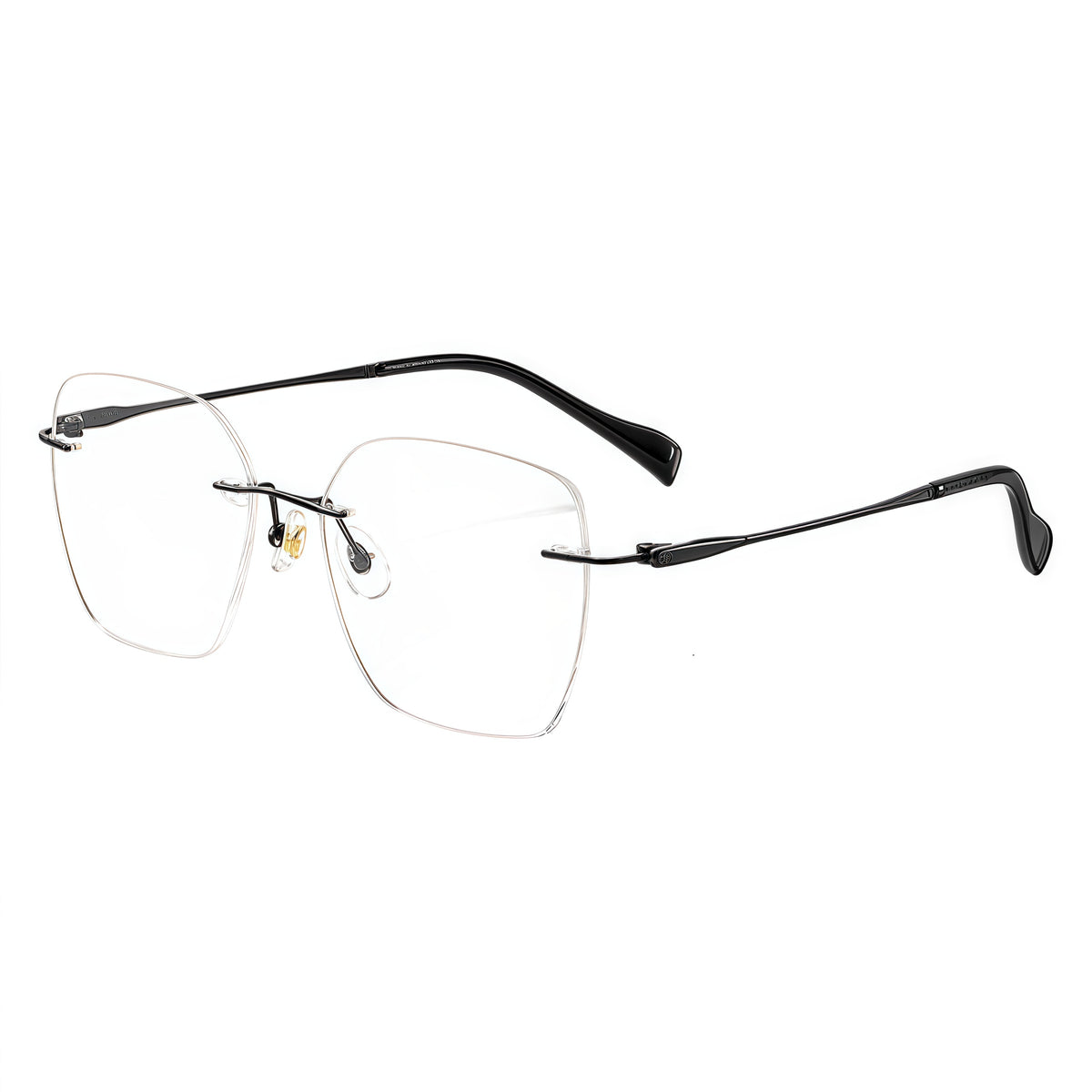 Black rimless soft-square pure titanium eyeglass frames, supplier front and angle reference