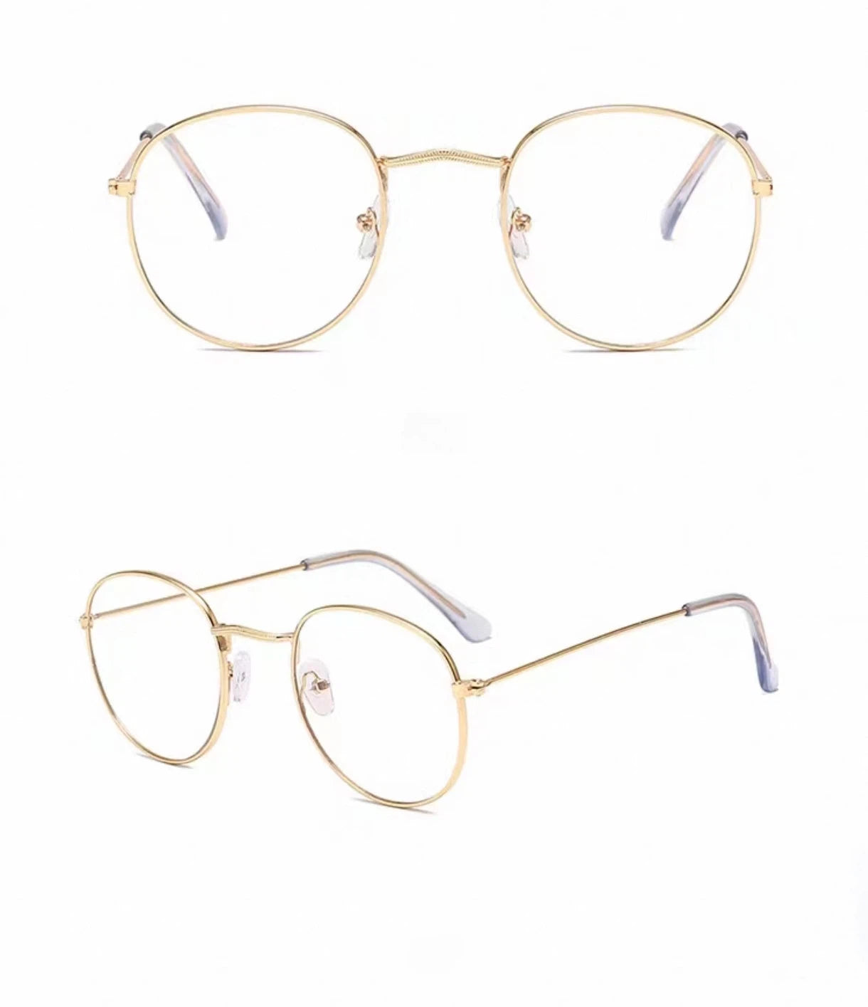 Gold front and 45-degree product views of Unisex Retro Alloy Round Full-Rim Glasses