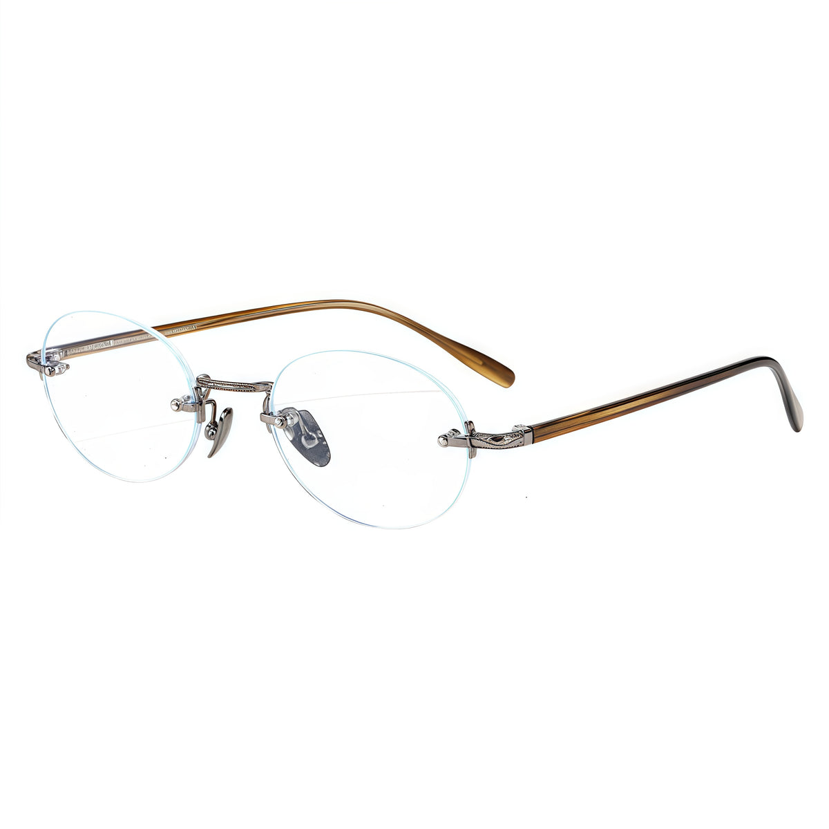 Gunmetal/Brown rimless oval titanium and acetate eyeglass frames, supplier front and angle reference