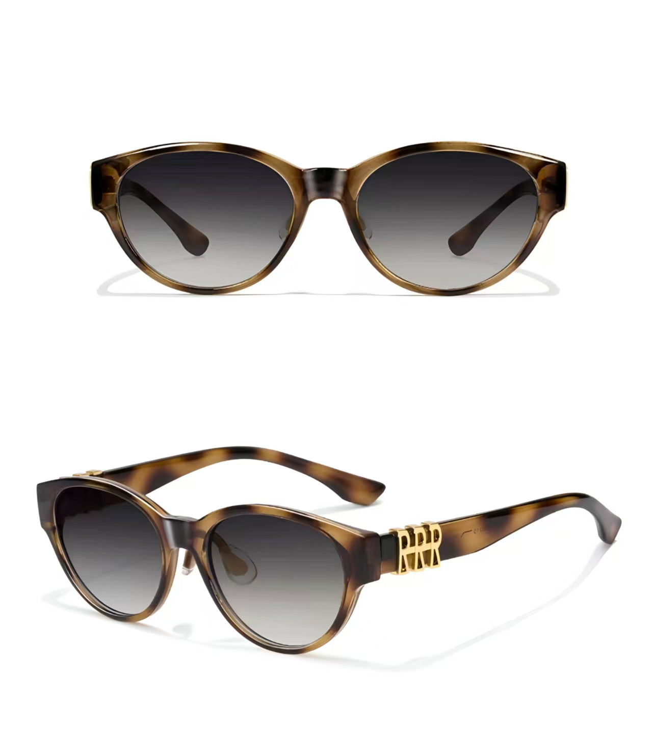 Women’s Tortoise Shell full-rim wide cat-eye sunglasses, front and three-quarter views