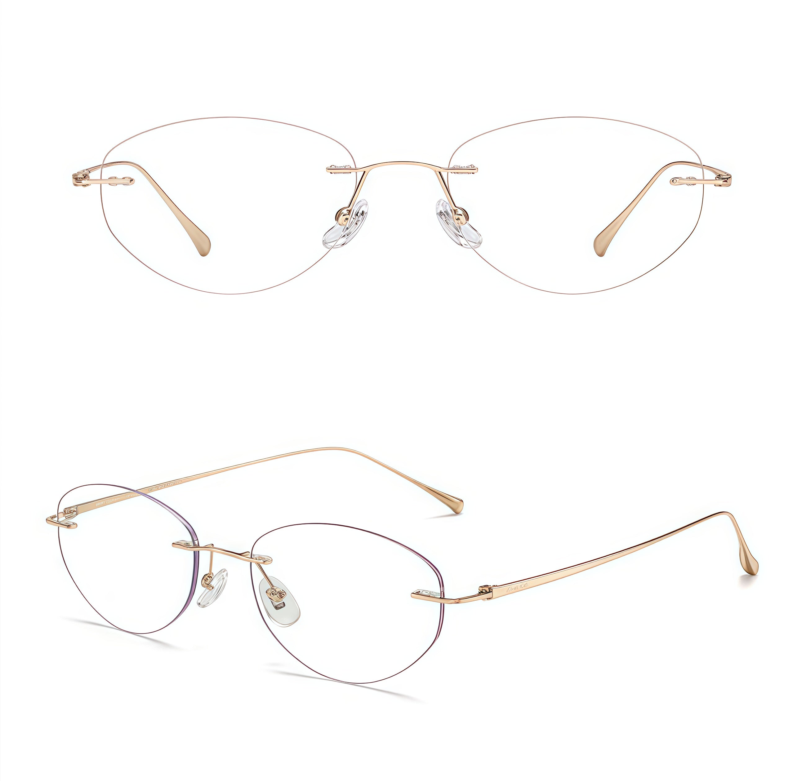 Gold women's titanium rimless round glasses, supplier front and three-quarter views