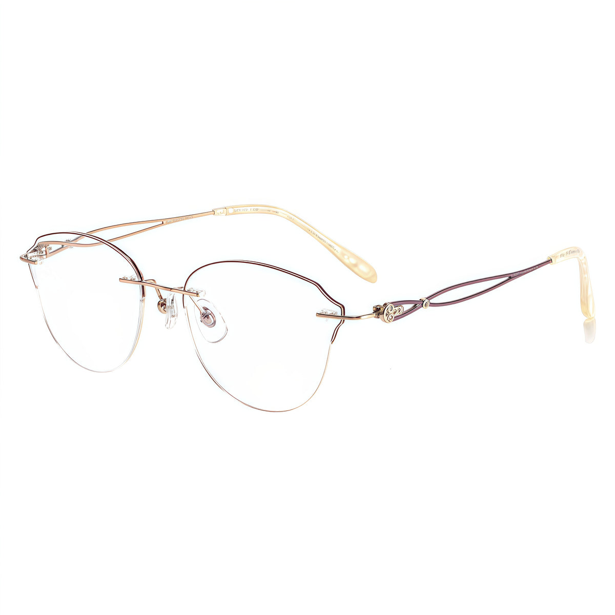 Rose Gold/Brown rimless butterfly titanium eyeglass frames, supplier front and angle reference