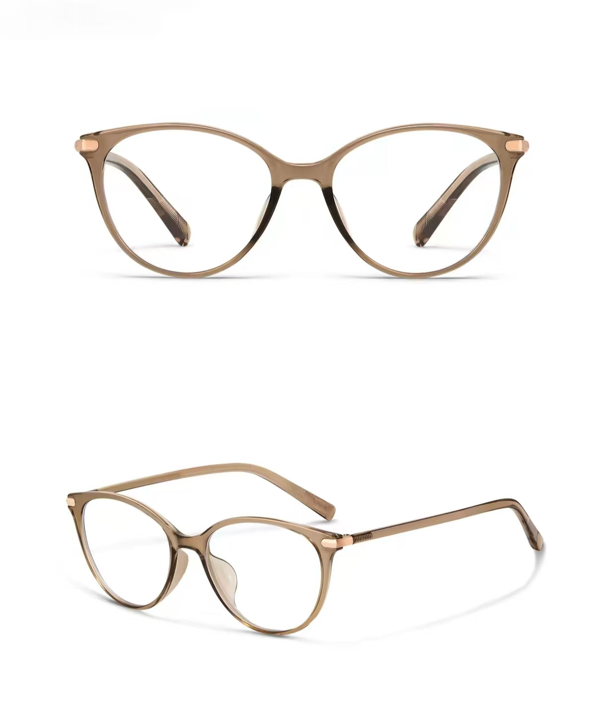Champagne cat-eye full-rim eyeglass frame, front and three-quarter product views