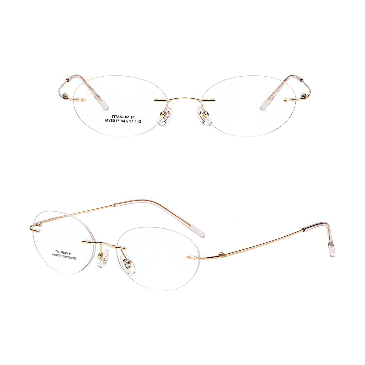 Gold women's titanium rimless oval glasses, supplier front and three-quarter views