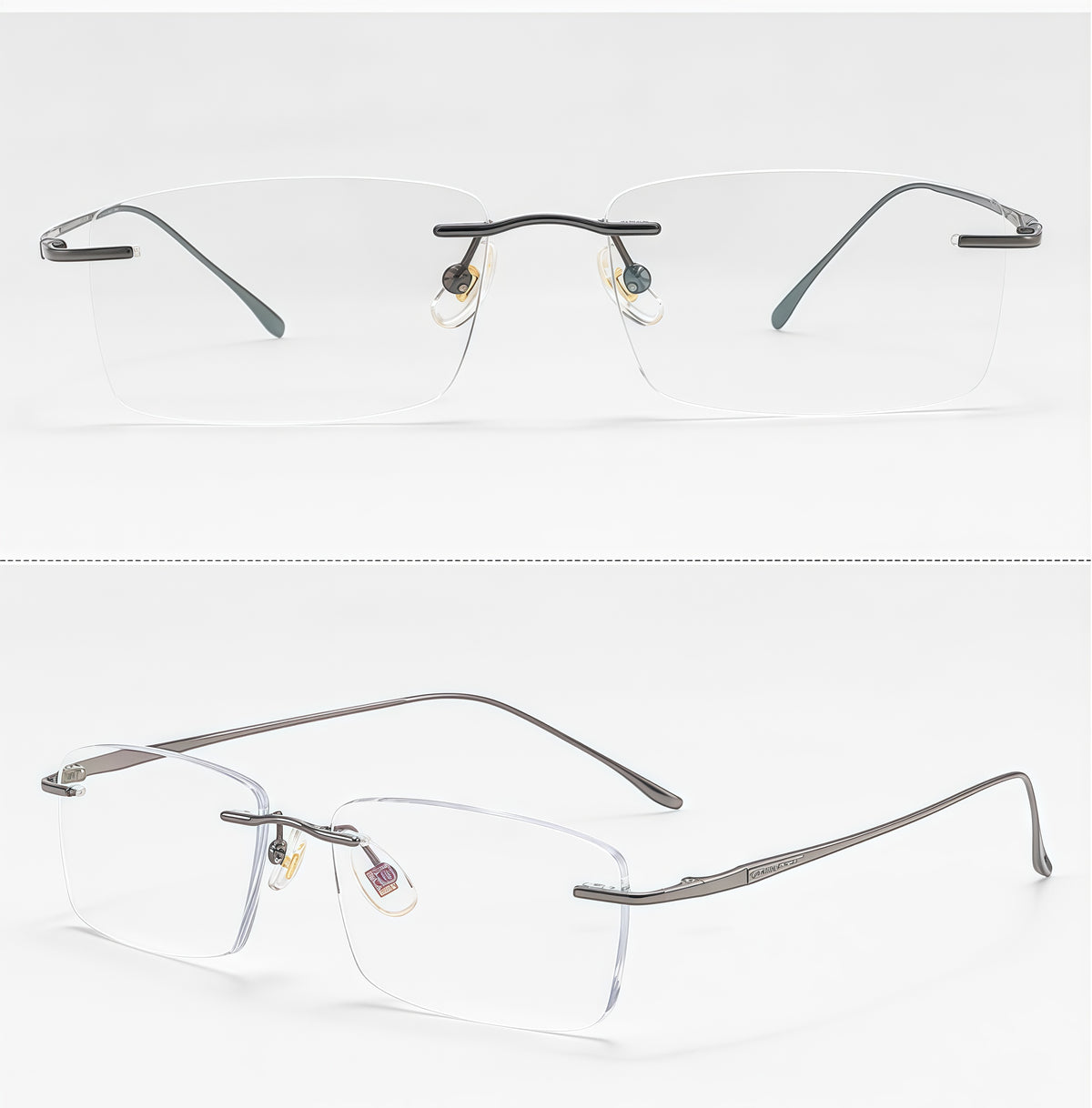 Gunmetal unisex pure titanium rectangular rimless eyeglass frames, product views