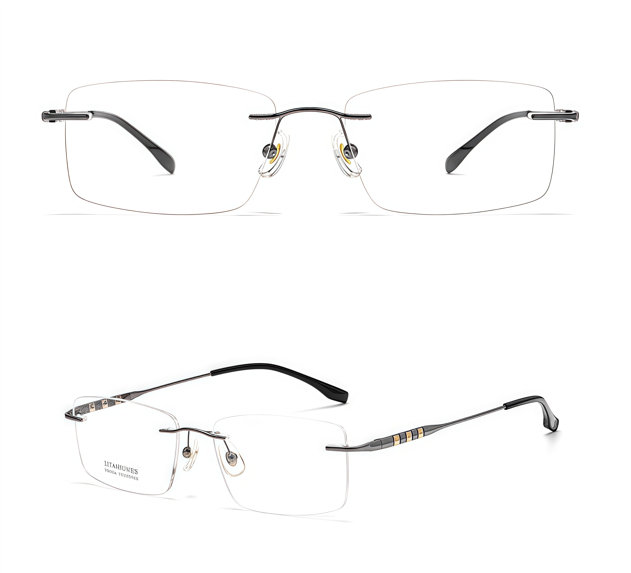 Gunmetal men's titanium alloy rimless rectangular glasses, supplier front and three-quarter views