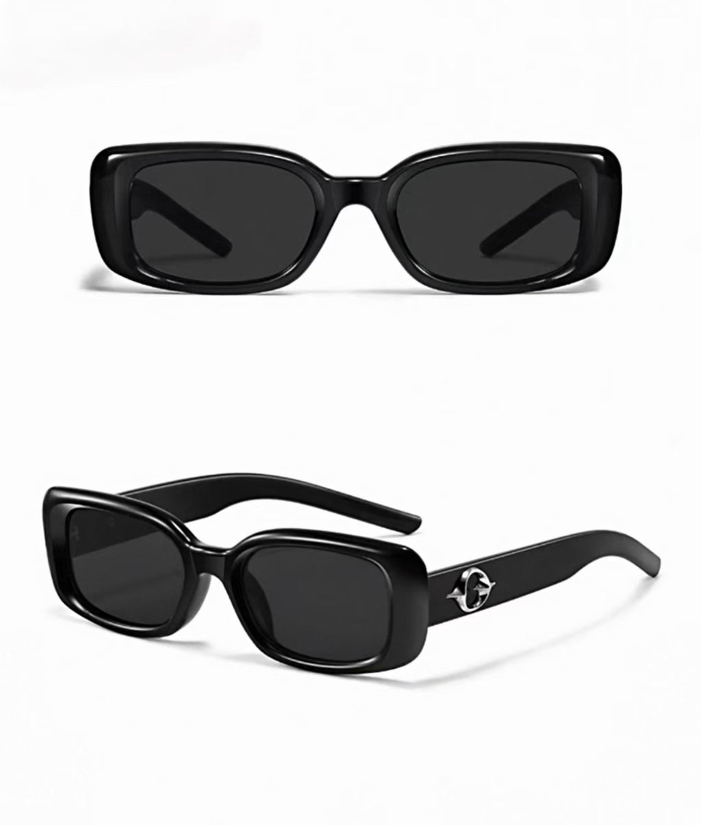 Black women's polycarbonate narrow rectangle sunglasses, product views