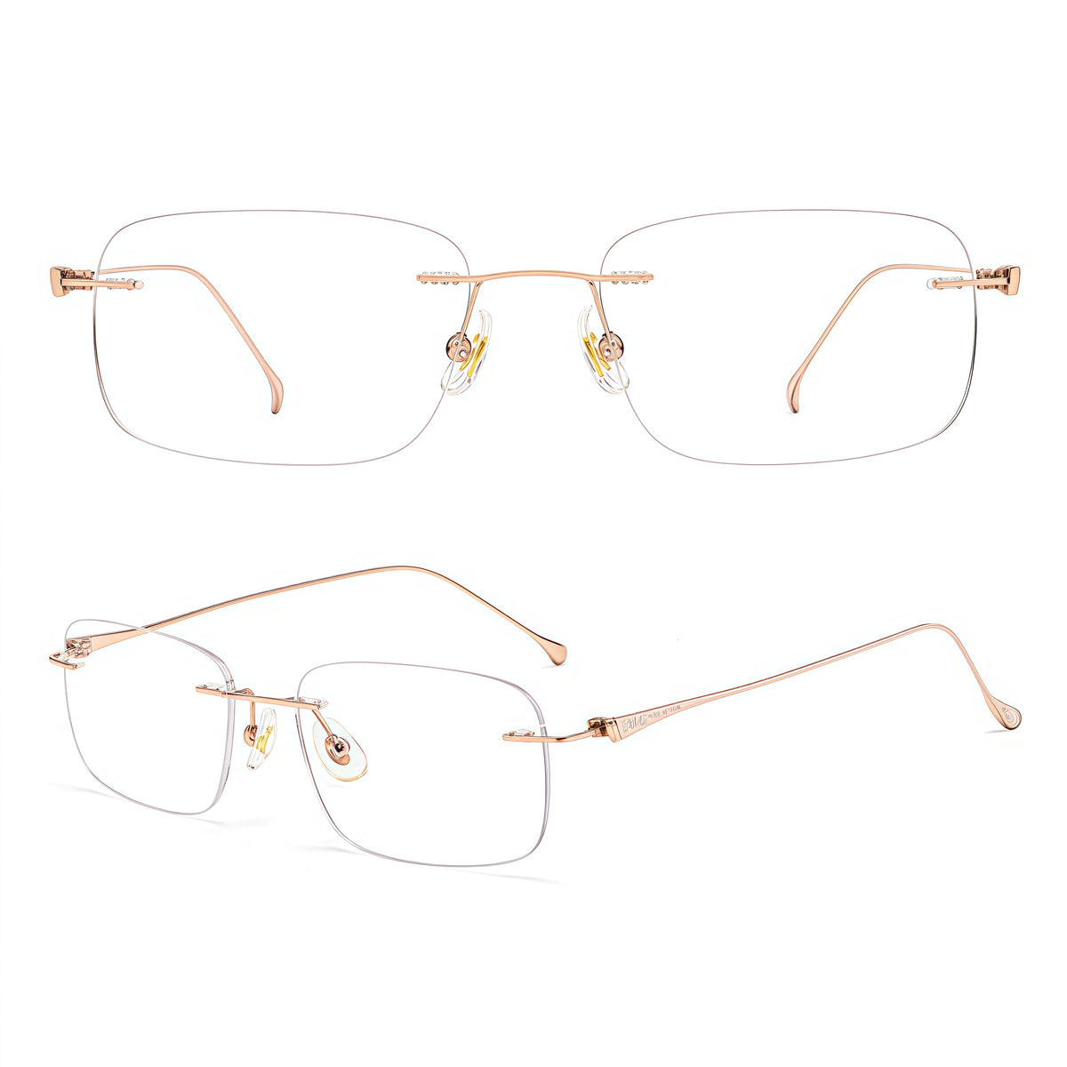 Rose Gold/Pink women's lightweight titanium rimless rectangular glasses, supplier composite detail