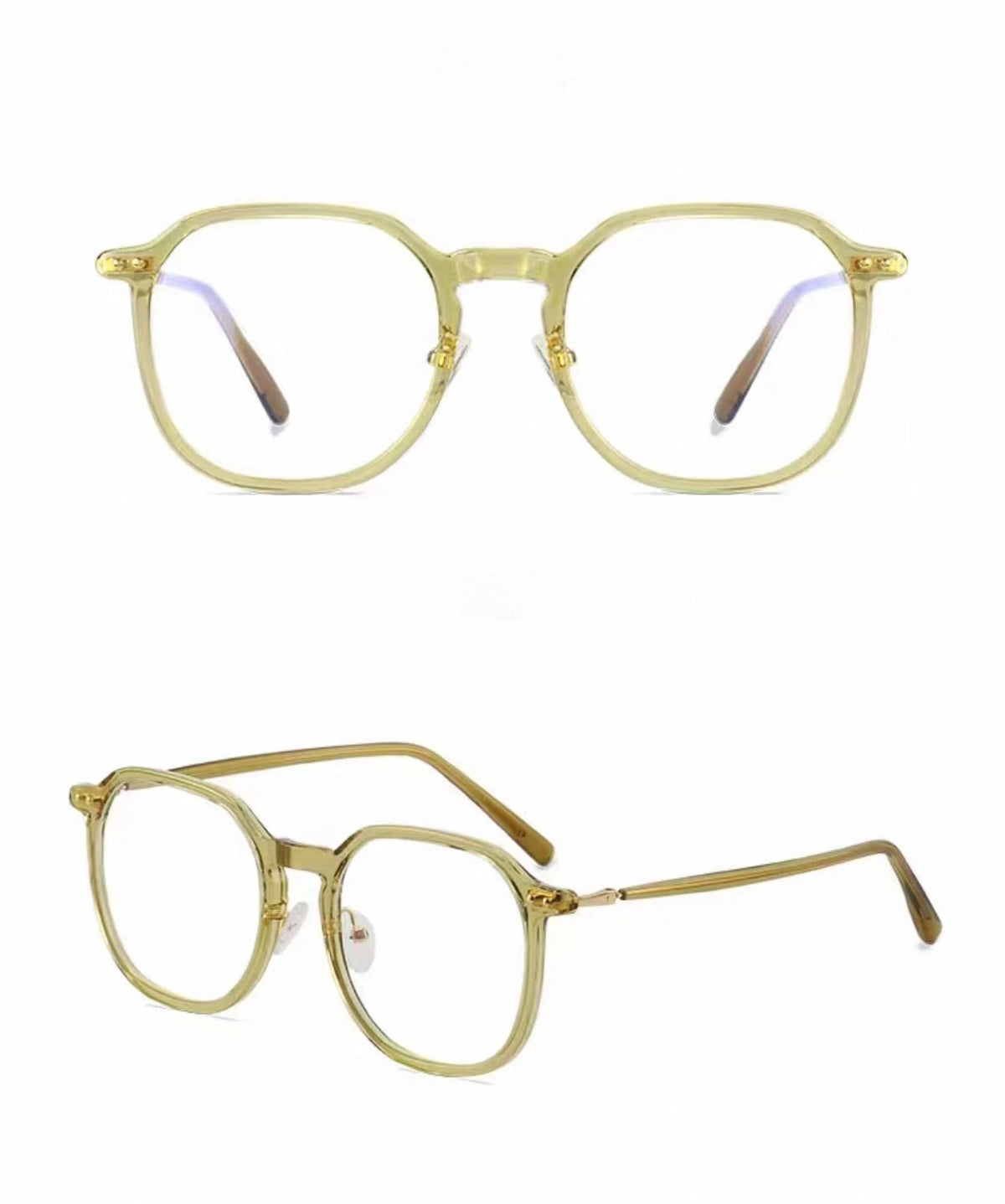 Lime Green unisex polycarbonate rounded full-rim glasses, original front-and-45-degree composite detail