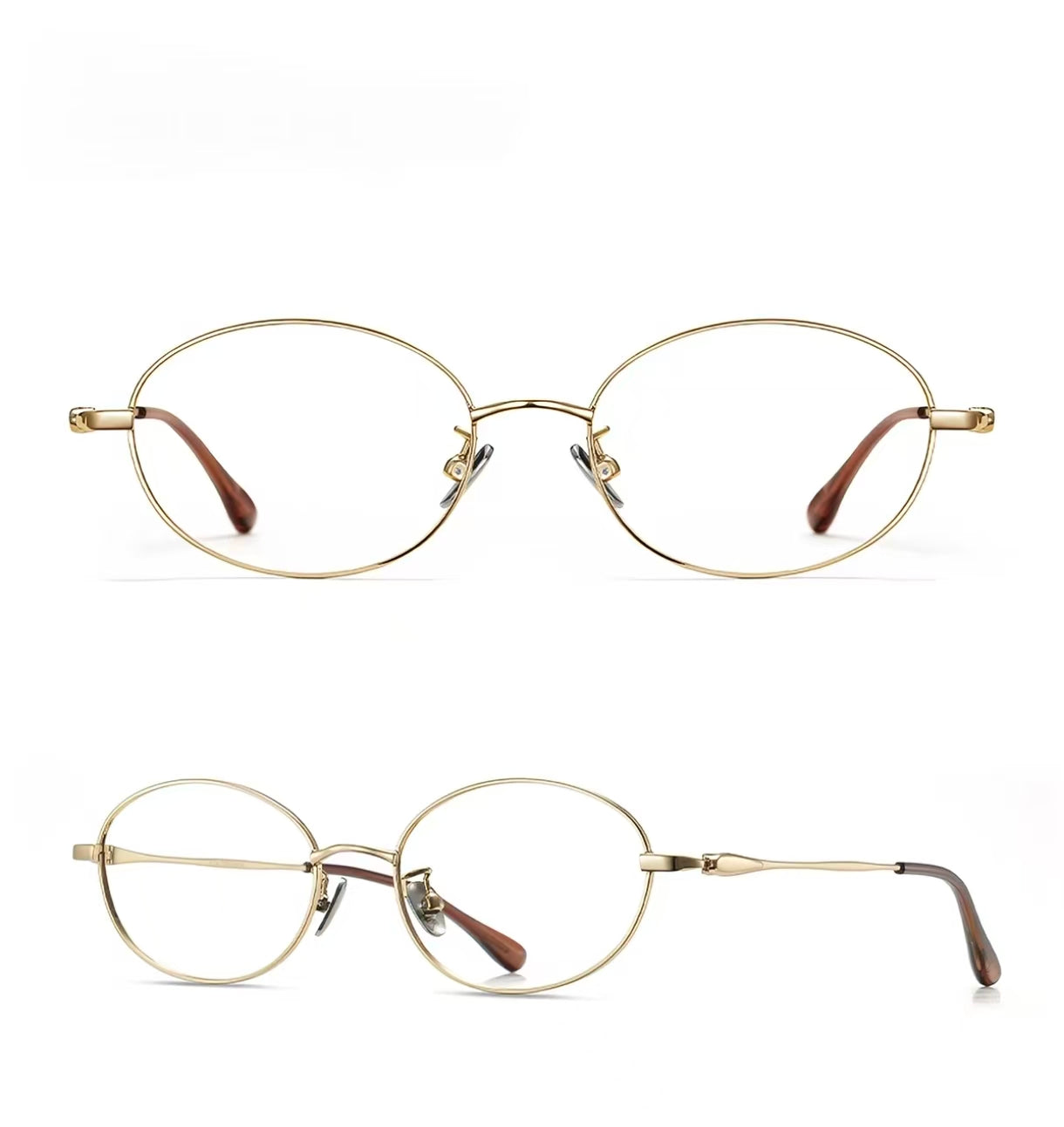 Gold women's ultralight titanium-alloy oval glasses, supplier front and 45-degree composite detail