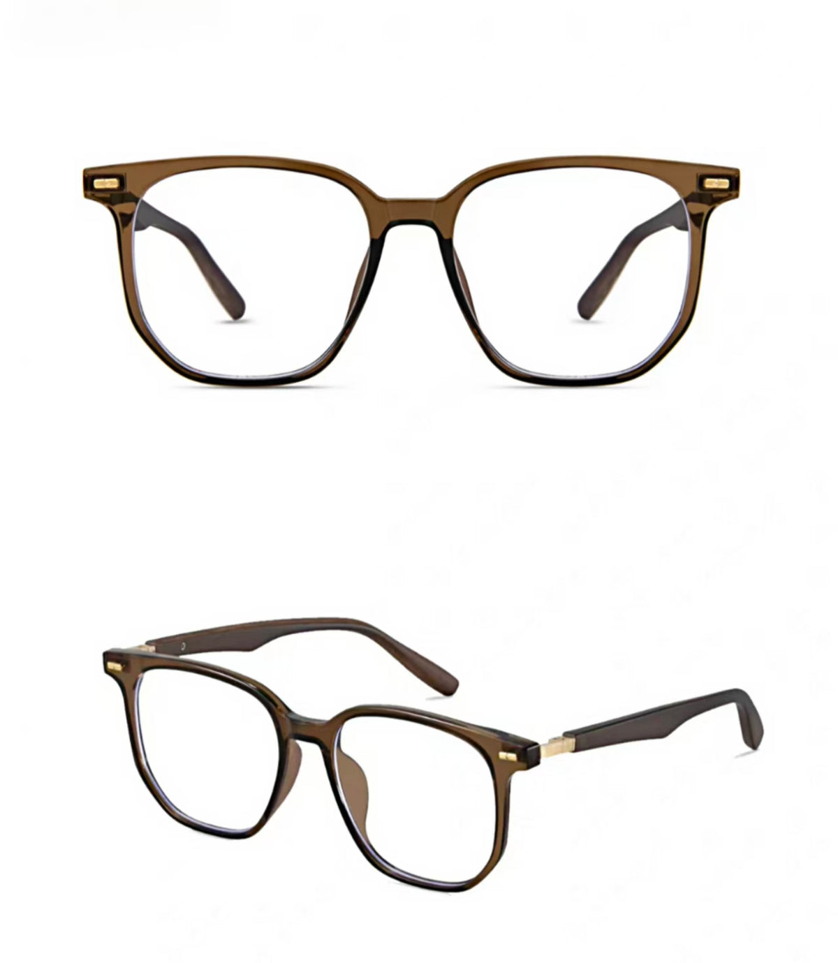 Amber Brown TR90 oversized softly squared full-rim glasses, original front and 45-degree product detail