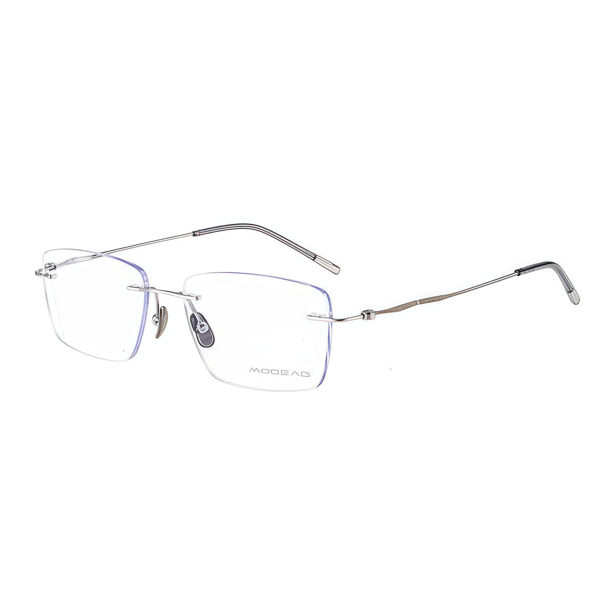 Silver unisex rimless glasses with brown gradient lenses, 45-degree product view