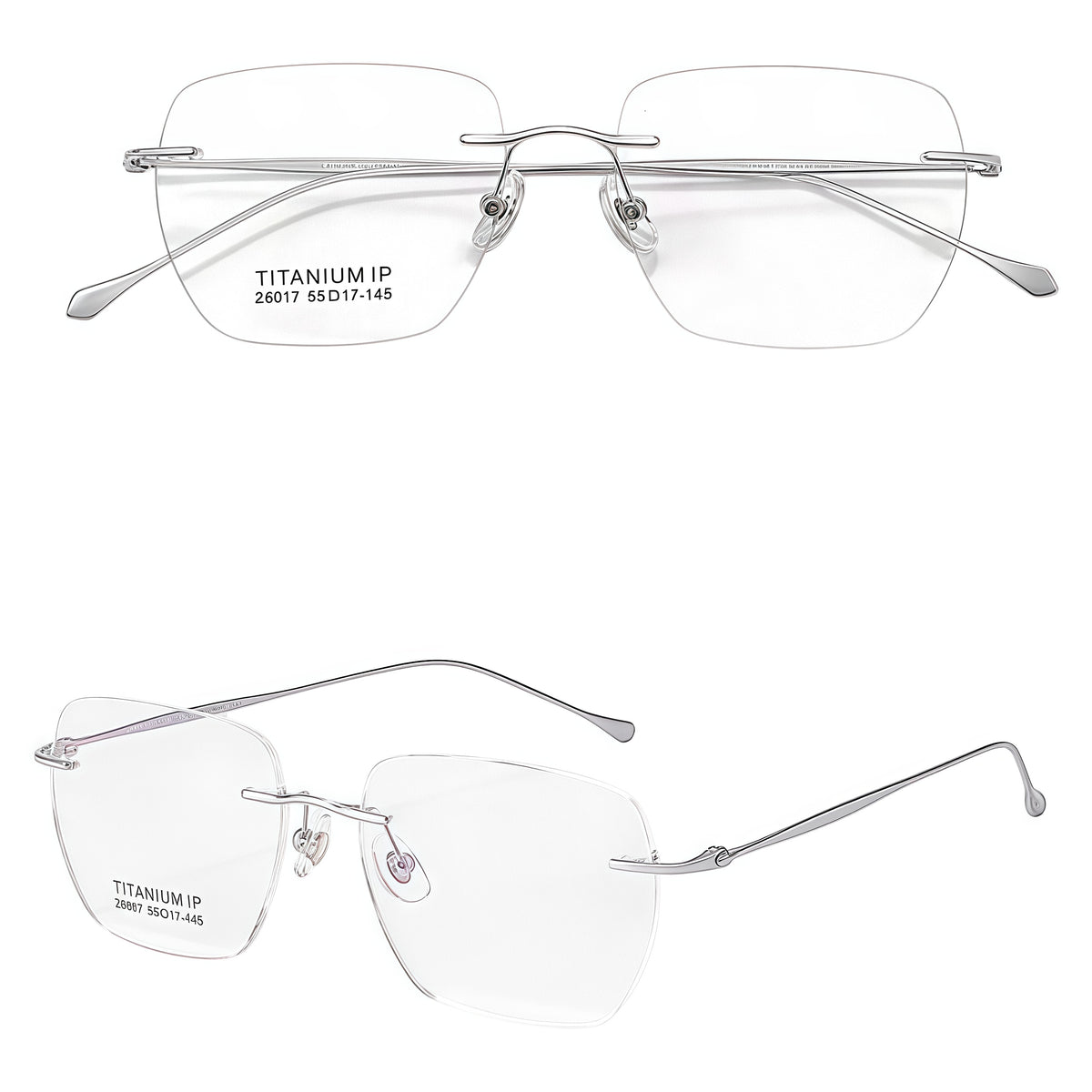 Silver unisex titanium rimless soft-square eyeglass frames, product view