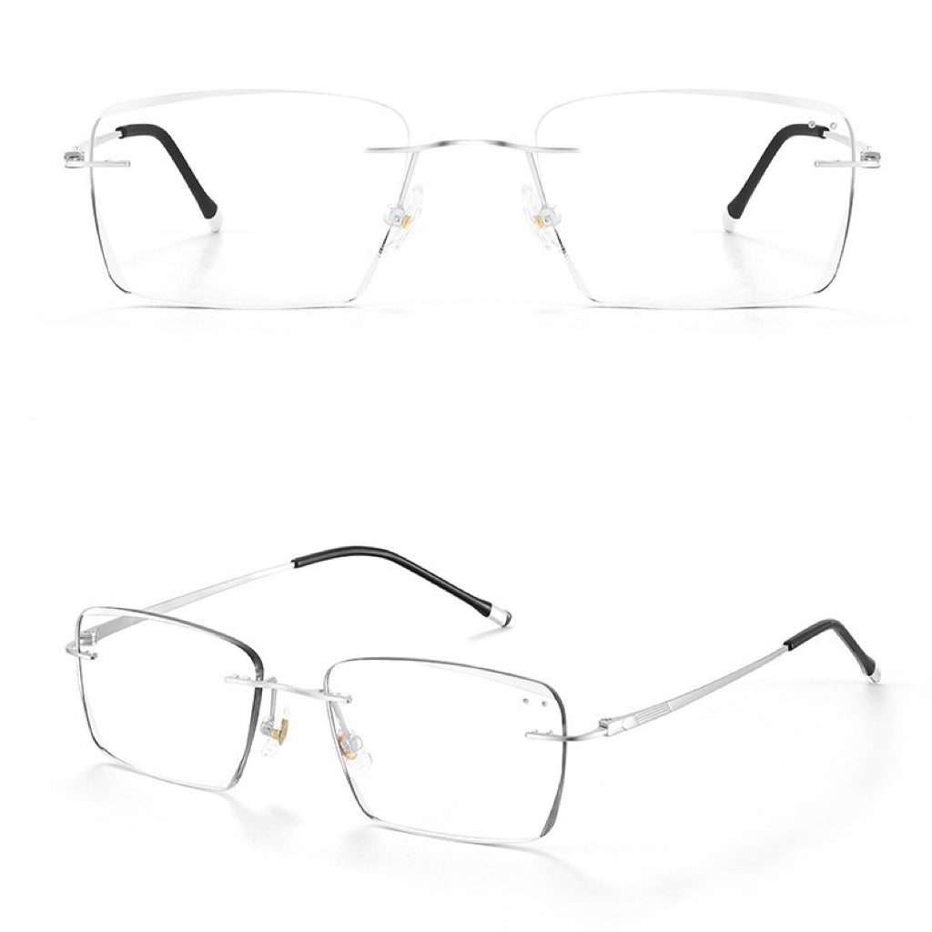 Default rimless rectangular titanium eyeglass frames, supplier front and angle reference