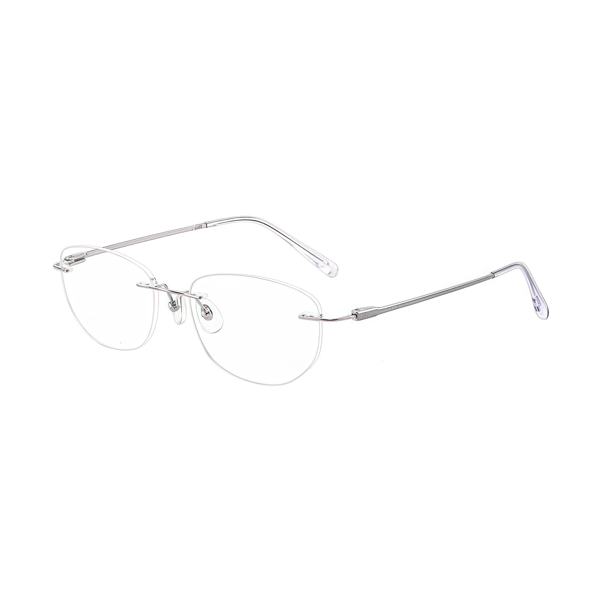 Silver rimless round titanium eyeglass frames, supplier front and angle reference
