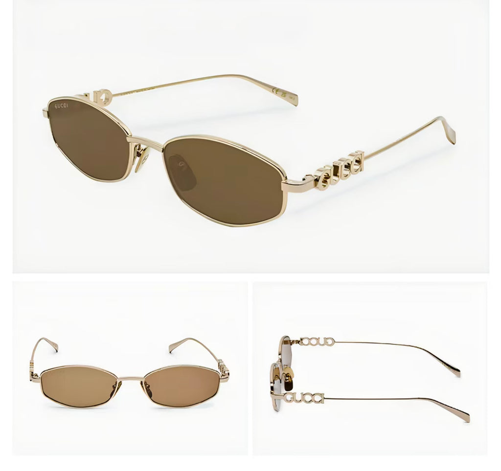 Gold front, 45-degree and side product views of Gucci GG1802S Unisex Irregular Metal GG Logo Sunglasses