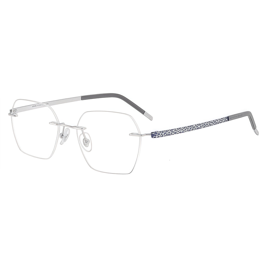 Silver/Blue rimless rectangular pure titanium eyeglass frames, supplier front and angle reference