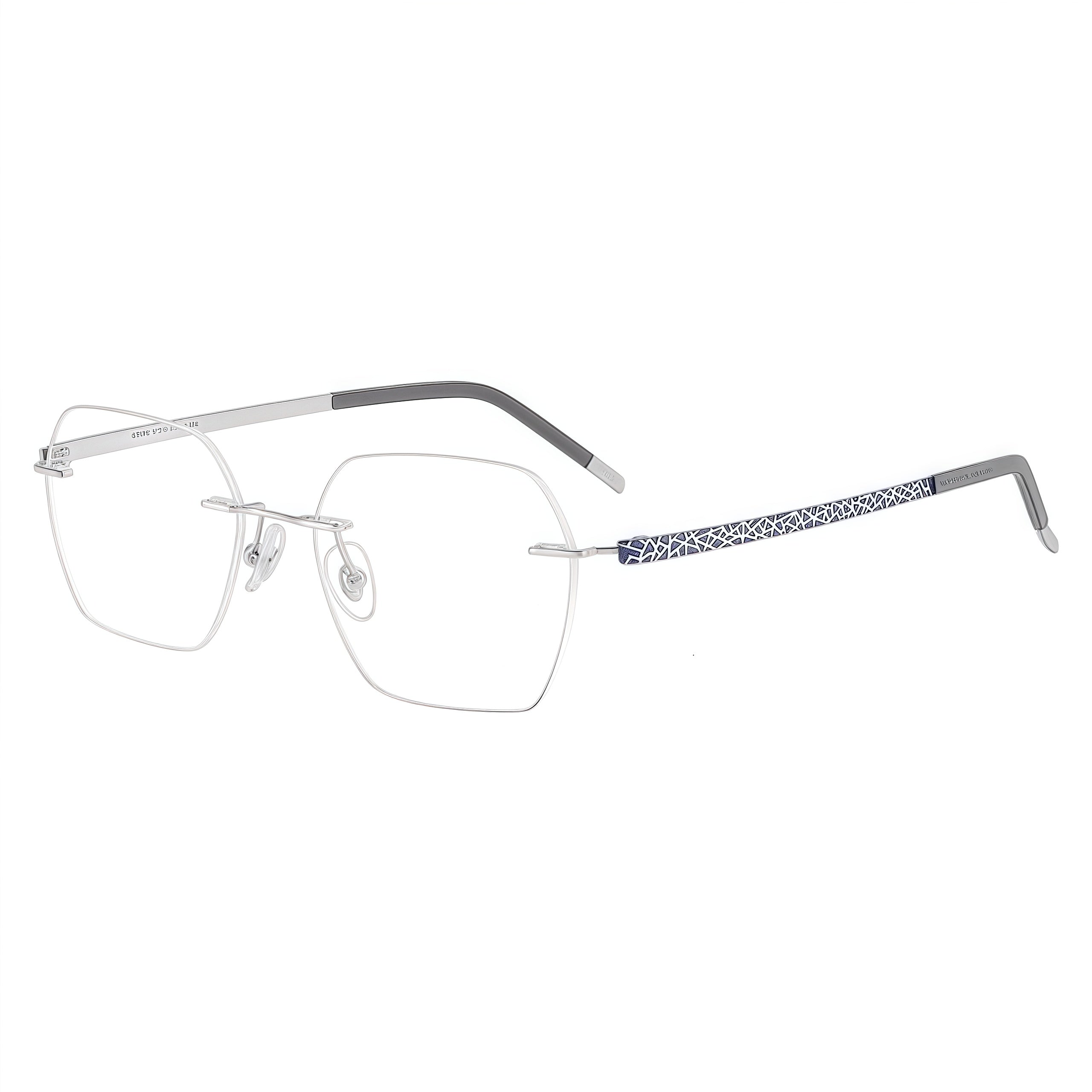 Silver/Blue rimless rectangular pure titanium eyeglass frames, supplier front and angle reference
