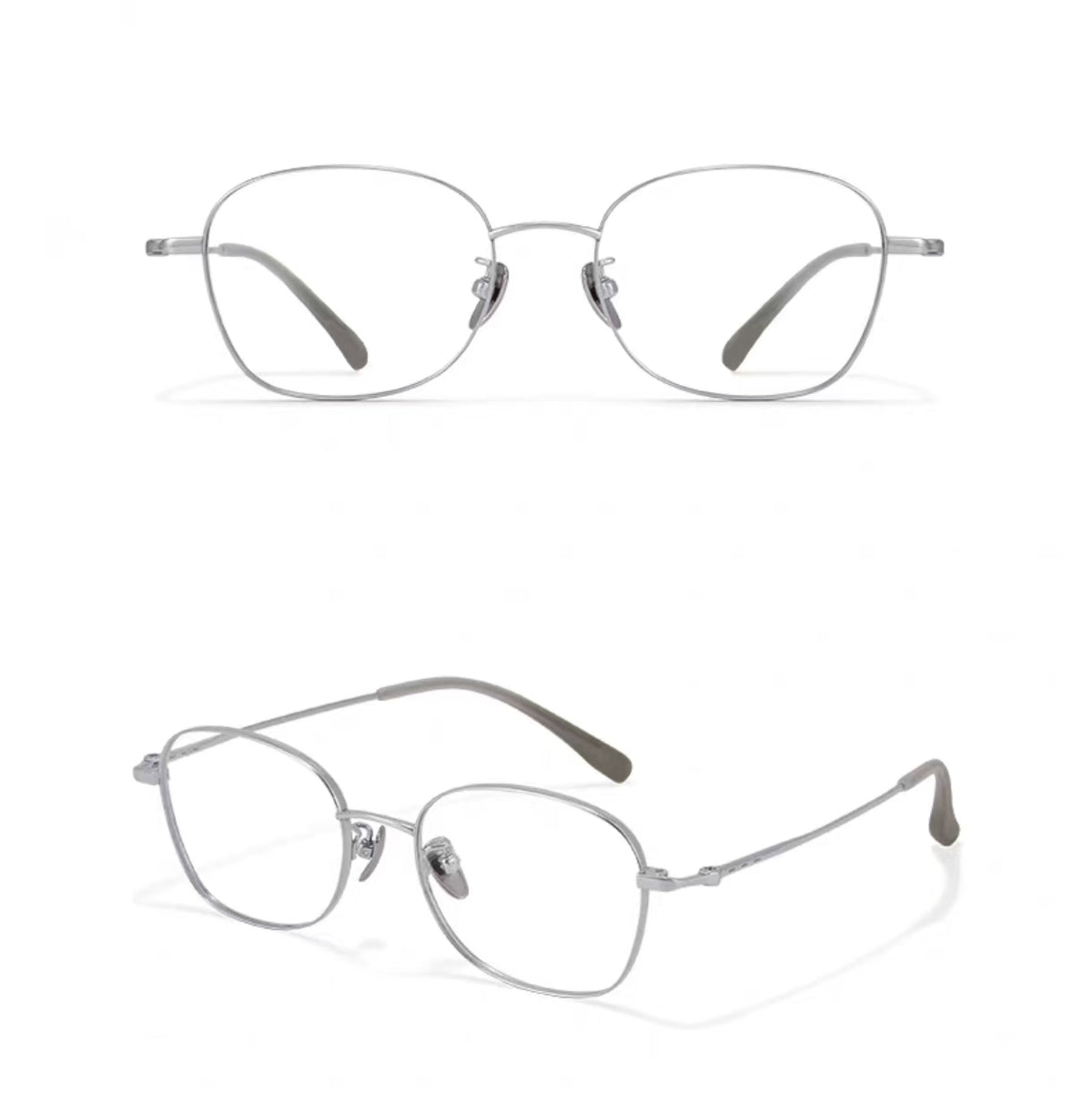 Silver unisex pure titanium full-rim glasses, original front-and-45-degree composite detail