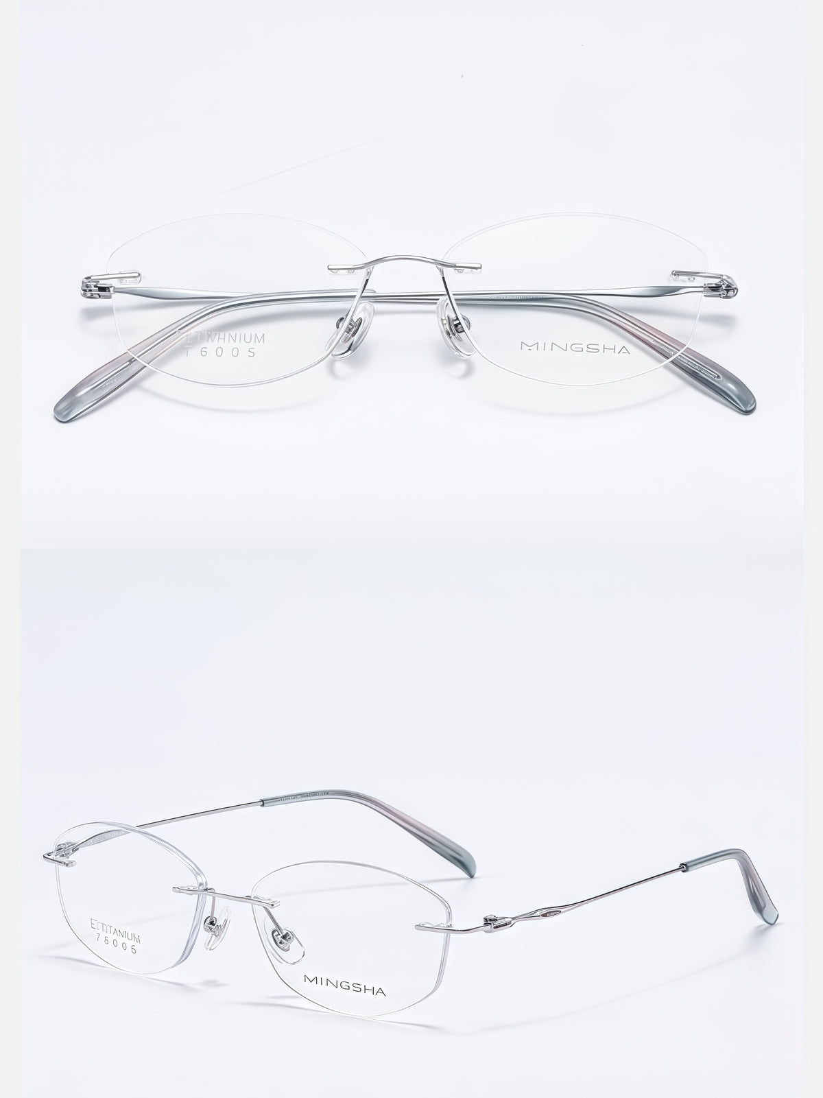Silver women's titanium alloy rimless soft butterfly glasses, supplier front and three-quarter views