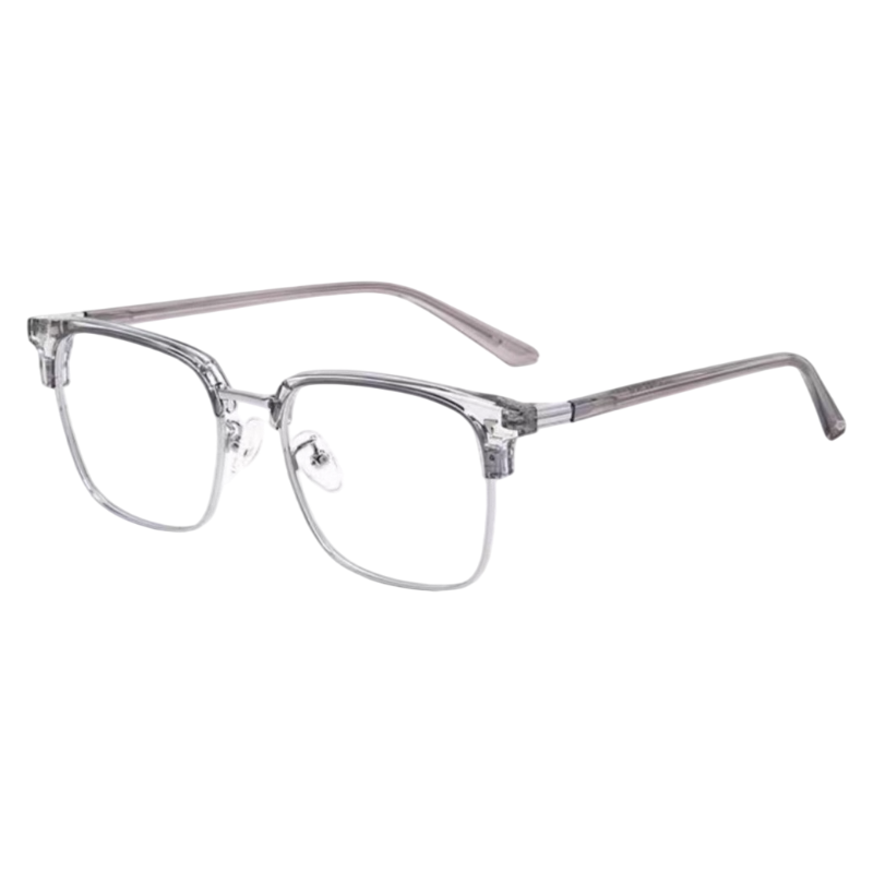 Crystal Grey and Silver vintage samurai-inspired browline profile semi-rimless eyeglass frame, three-quarter product view