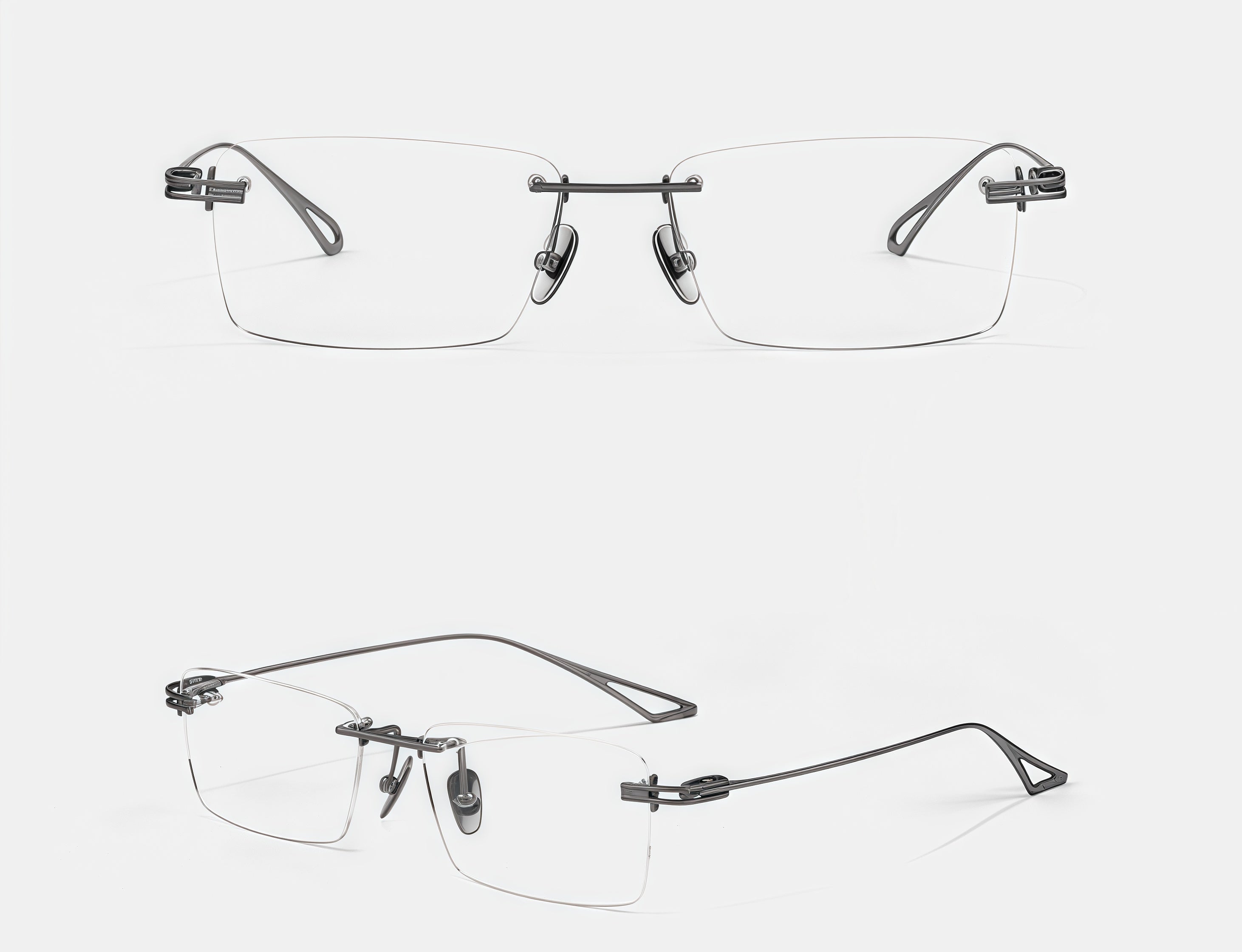 Silver men's titanium rimless open-loop glasses, front and 45-degree composite
