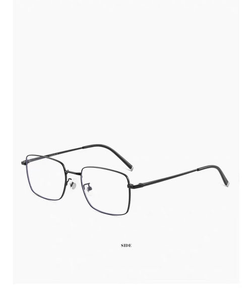 Black pure titanium square full-rim eyeglass frame, angled view