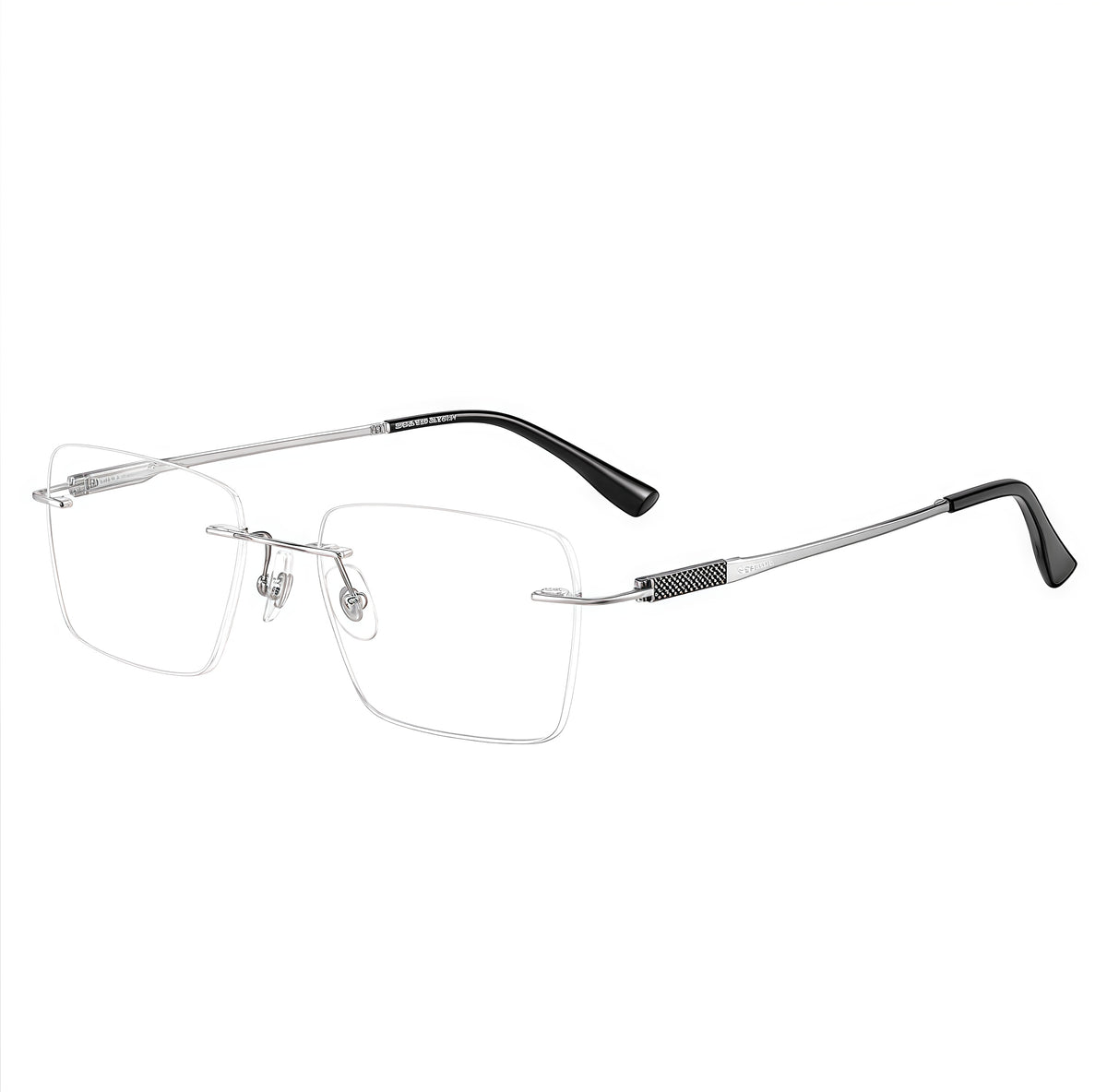 Silver men's titanium rimless slim rectangular eyeglass frames, product view