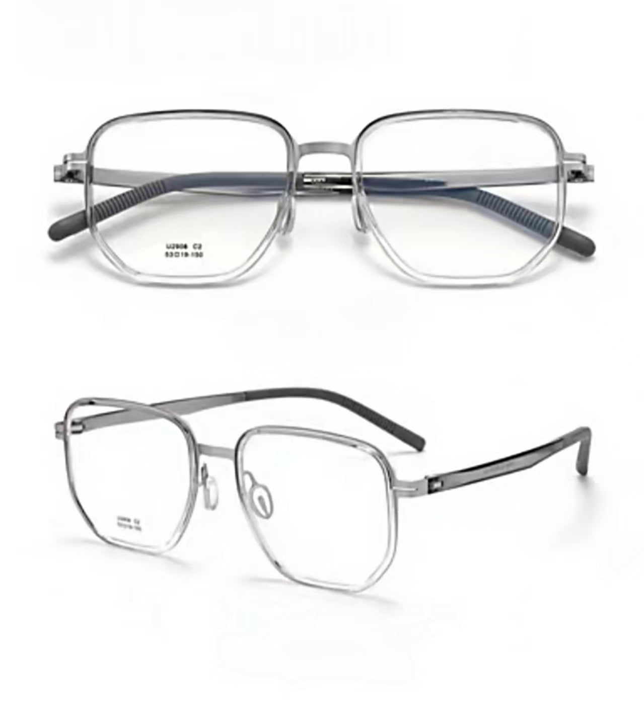 Crystal Gray ultra-light titanium and TR90 full-rim glasses, front and 45-degree composite detail view