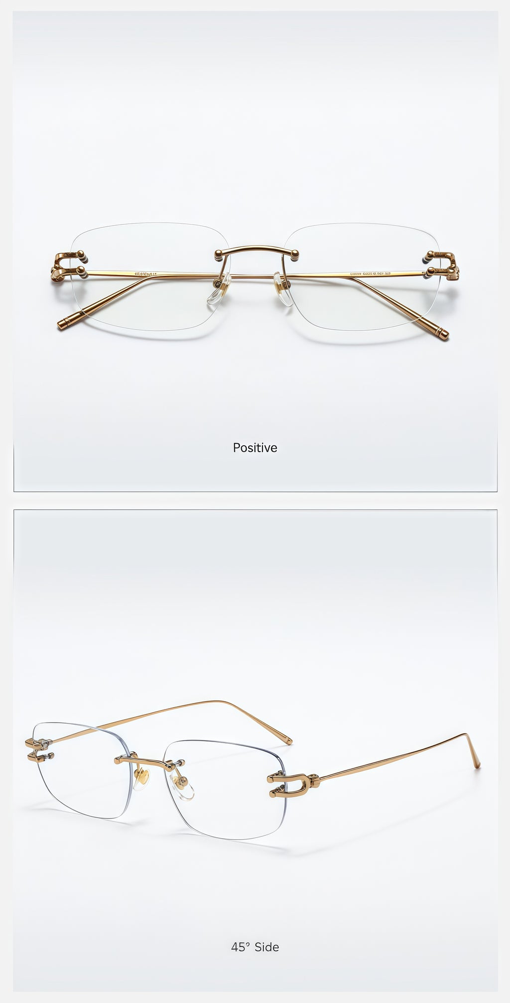 Gold semi-titanium rectangular rimless glasses, original front and 45-degree product detail