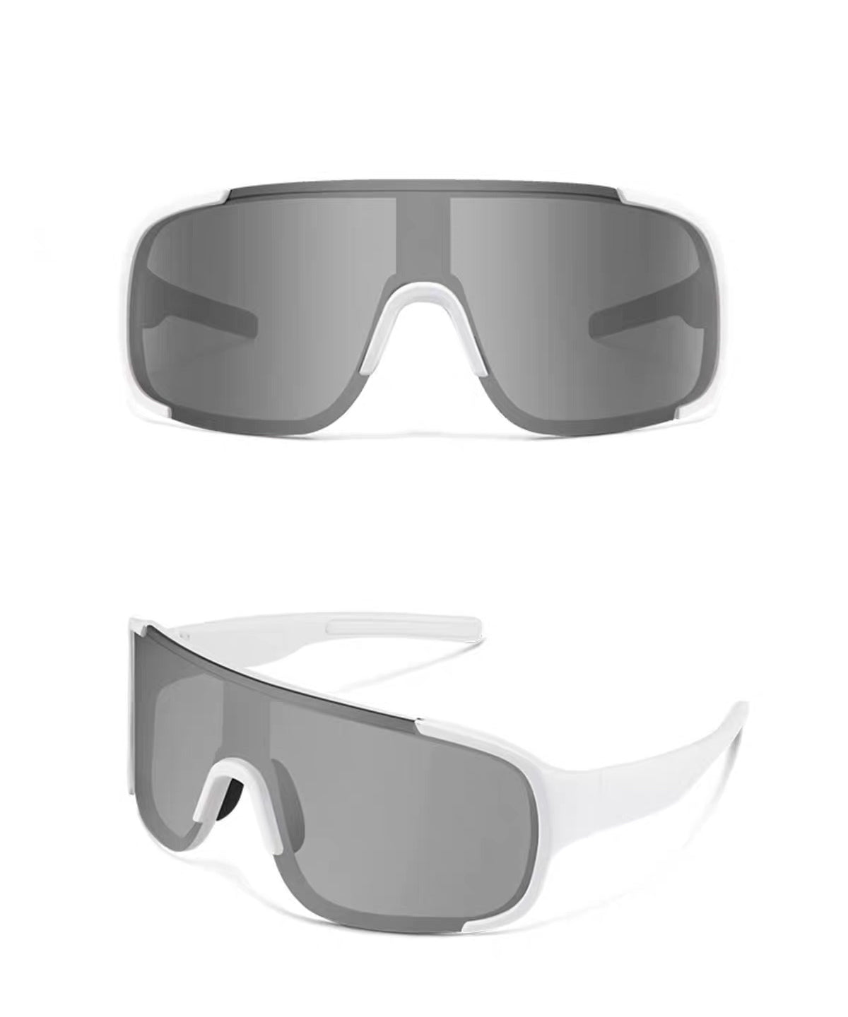 White Frame/Silver Lens unisex polycarbonate wraparound rectangle sunglasses, detail-01 view