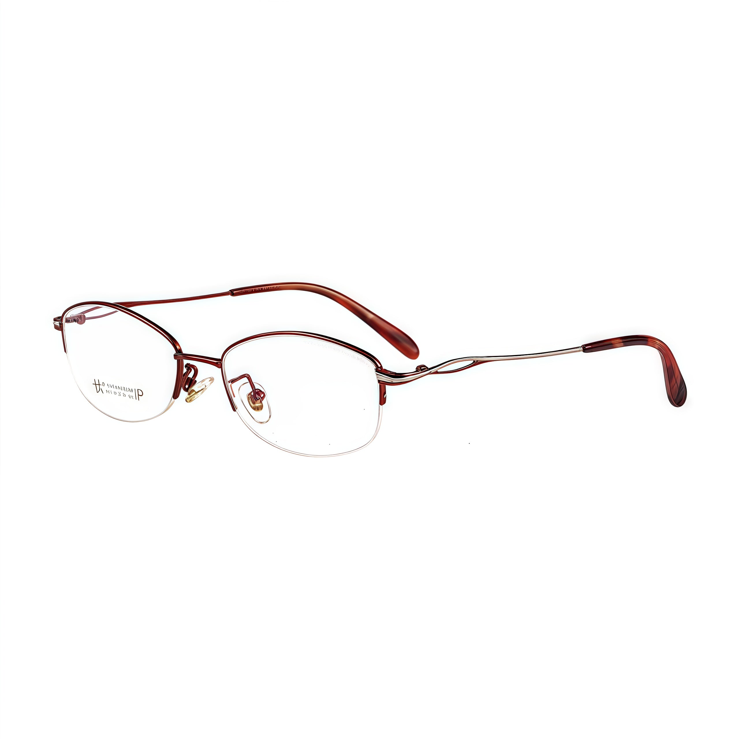 Burgundy women's elegant metal alloy semi-rimless glasses, original 45-degree product view