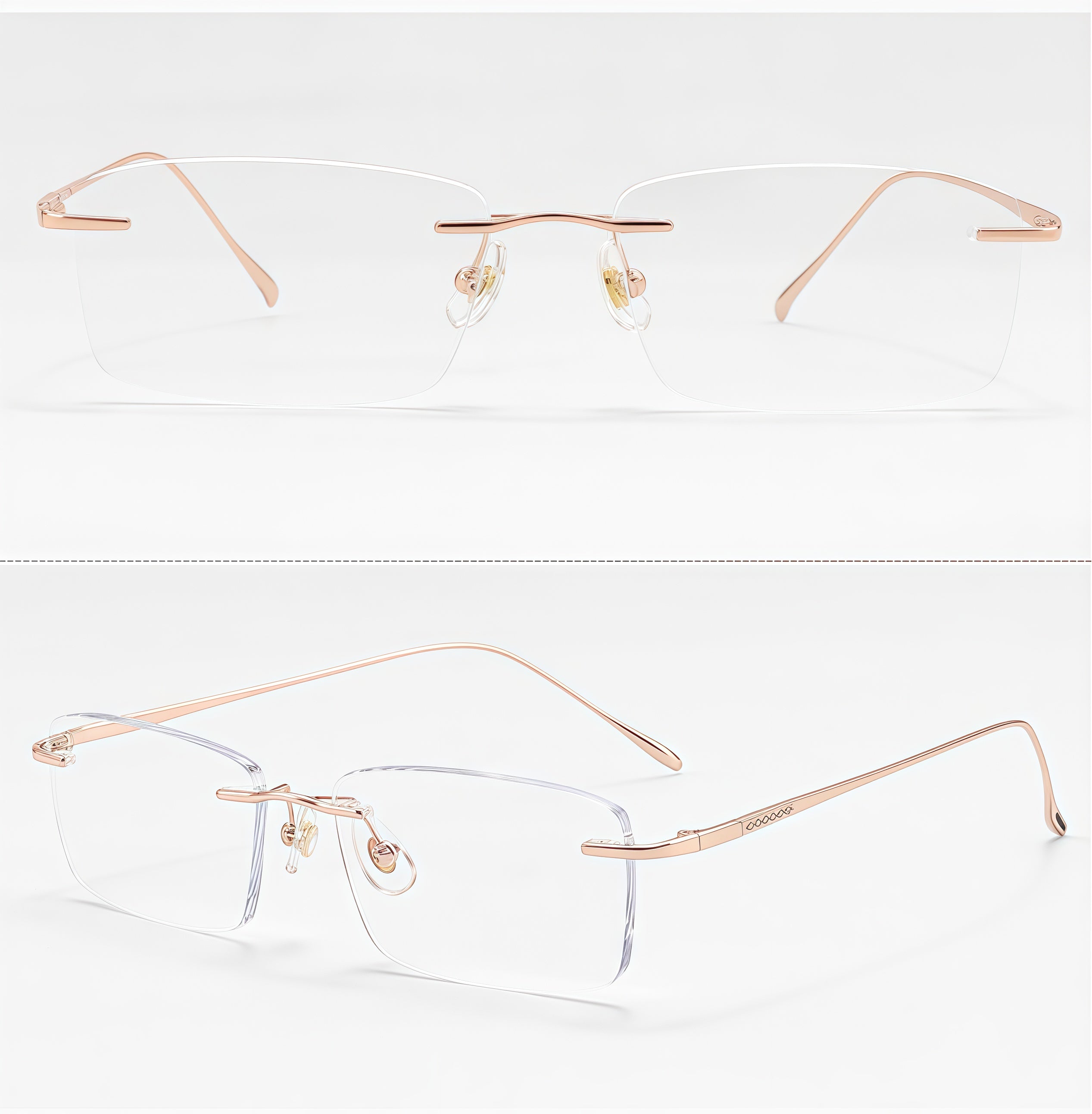 Rose Gold unisex pure titanium rectangular rimless eyeglass frames, product views