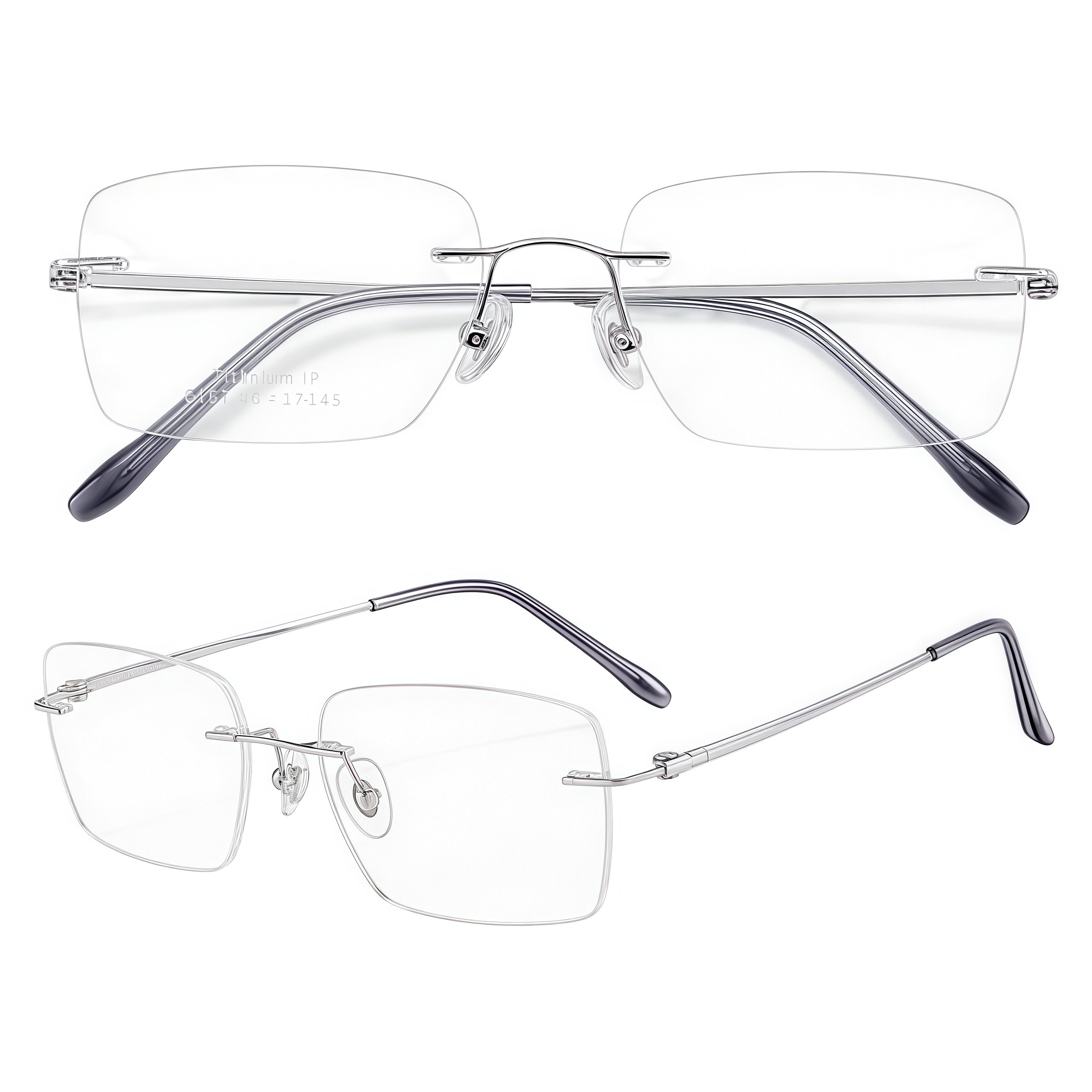 Silver men's pure titanium rounded-rectangle rimless eyeglass frames, product views