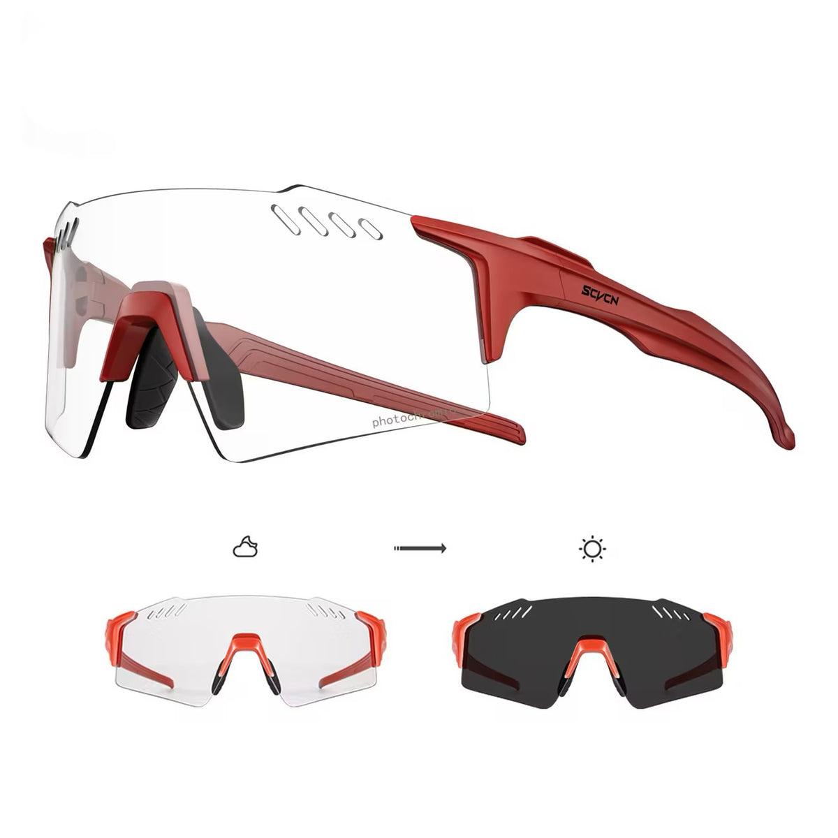 Red Frame/Photochromic Grey Lens 45-degree product view of Protective Windproof Sports Sunglasses