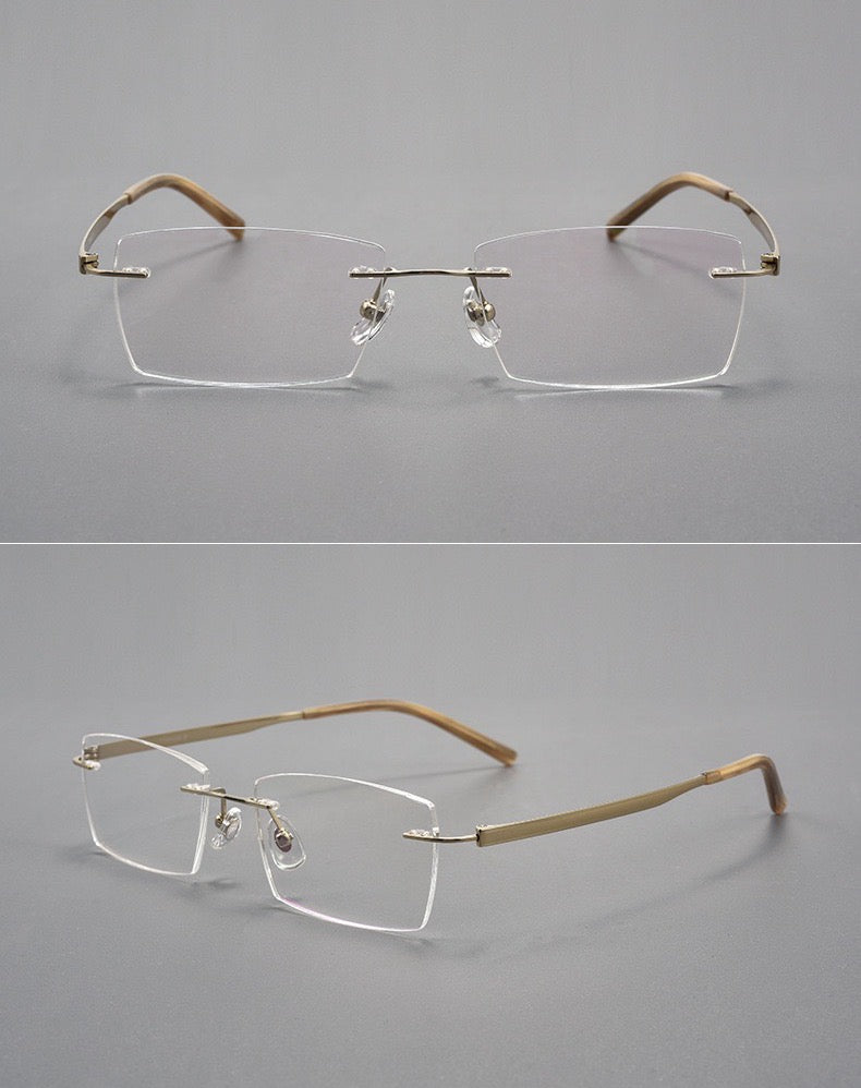 Gold titanium and acetate rectangular rimless glasses, original front and 45-degree product detail
