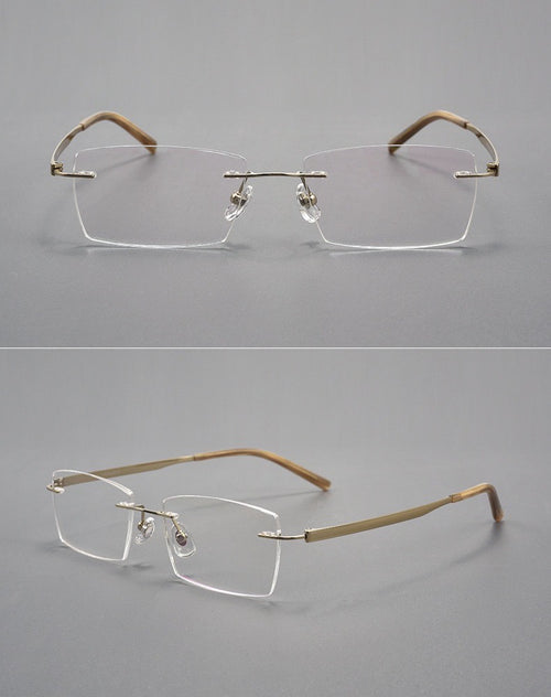 Gold titanium and acetate rectangular rimless glasses, original front and 45-degree product detail
