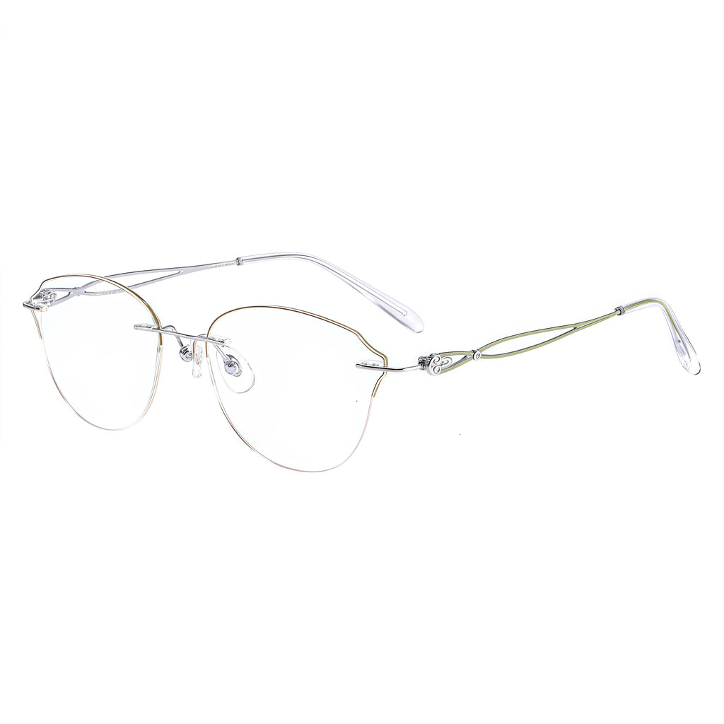 Silver/Green rimless butterfly titanium eyeglass frames, supplier front and angle reference