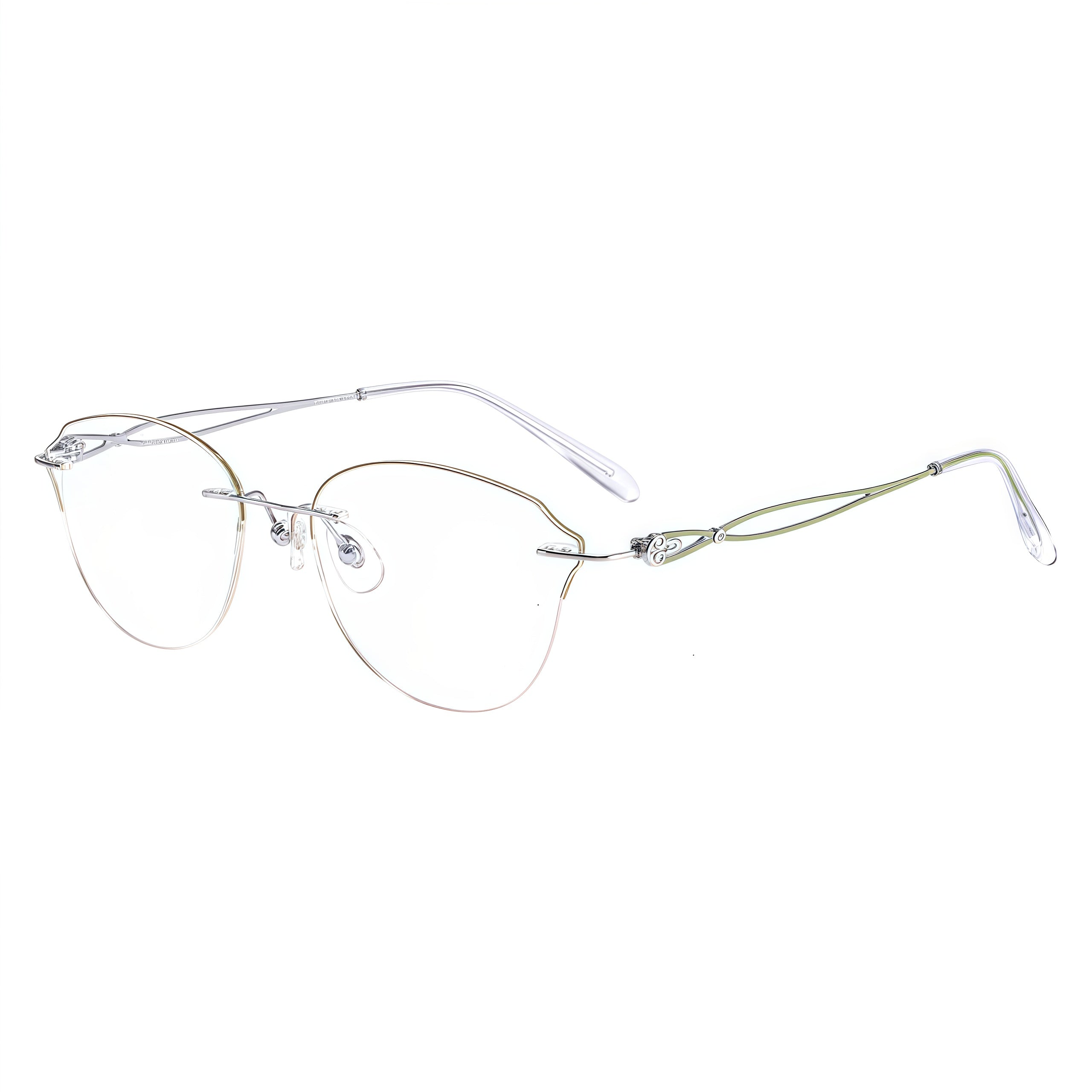 Silver/Green rimless butterfly titanium eyeglass frames, supplier front and angle reference