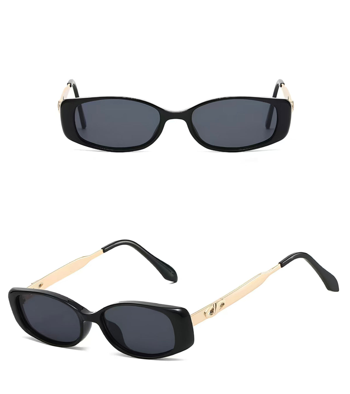 Unisex Black full-rim narrow rectangle sunglasses, front and three-quarter views