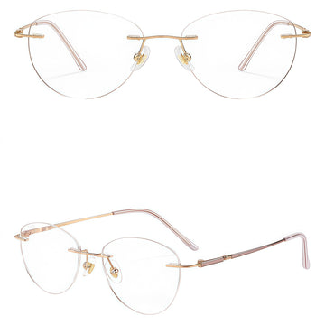 Purple/Rose Gold women pure titanium cat-eye rimless eyeglasses, 45-degree view