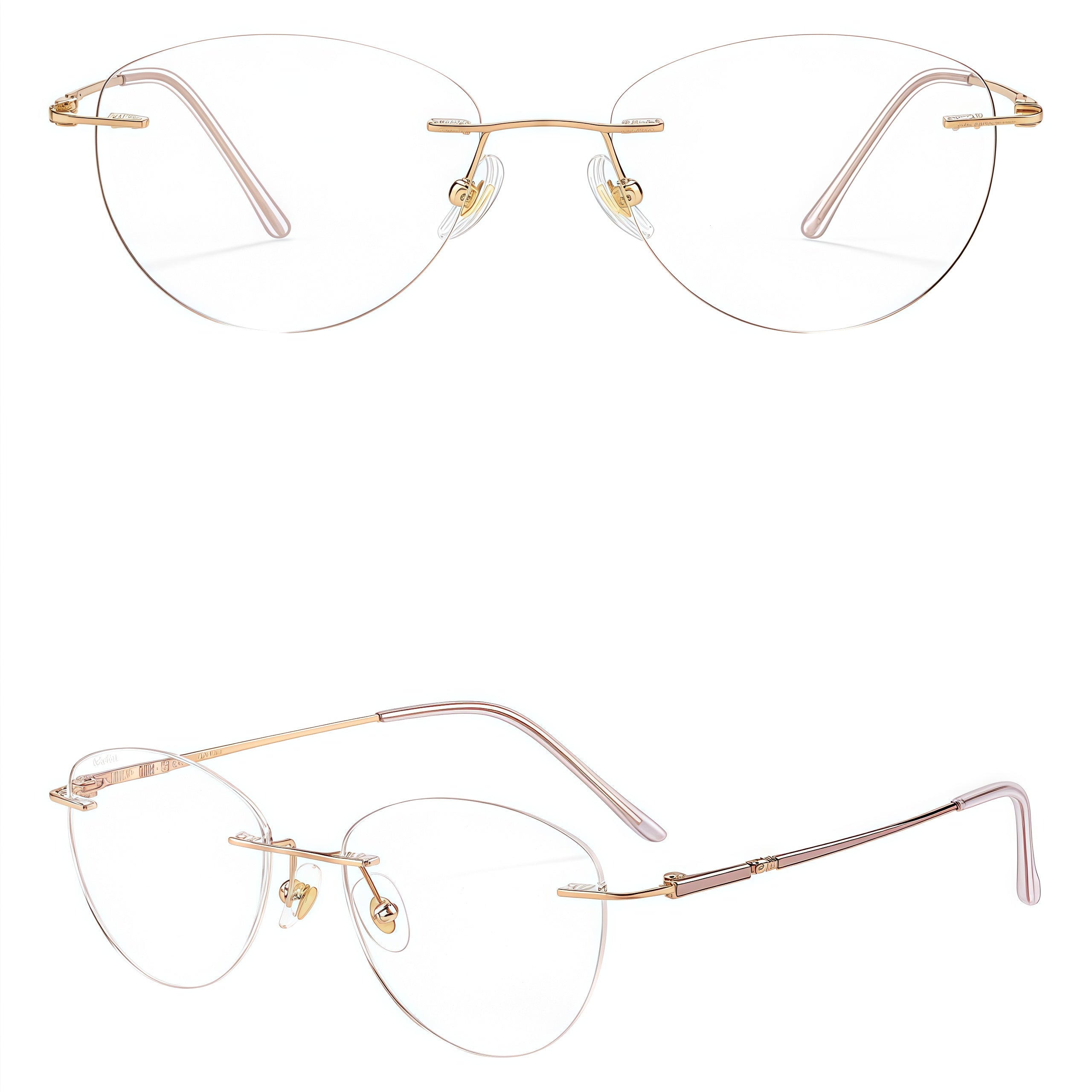 Purple/Rose Gold women pure titanium cat-eye rimless eyeglasses, 45-degree view
