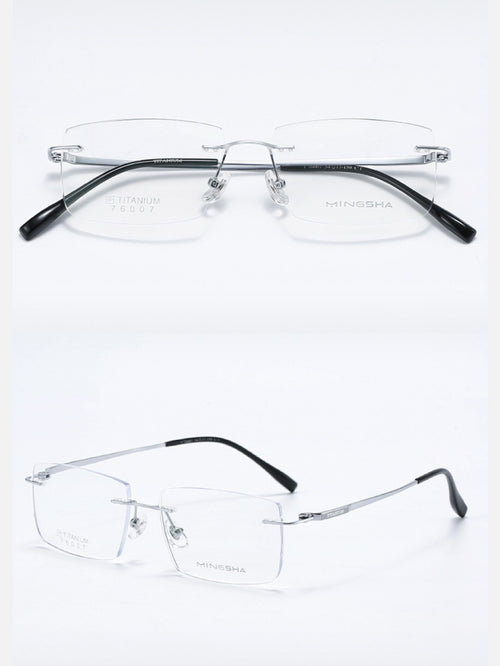 Silver men's semi-titanium rectangular rimless eyeglass frames, product views