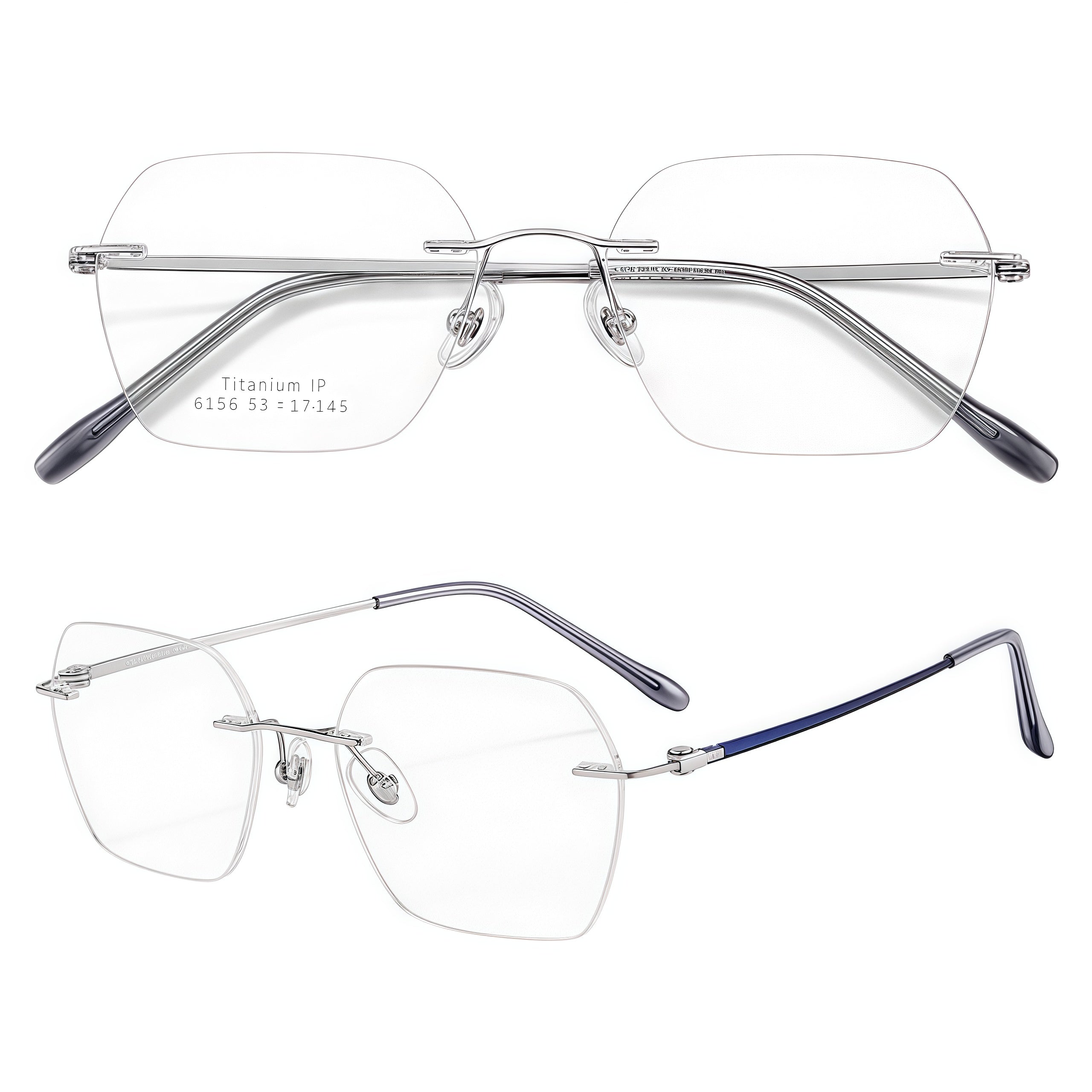 Silver/Blue rimless geometric rectangular pure titanium eyeglass frames, supplier front and angle reference