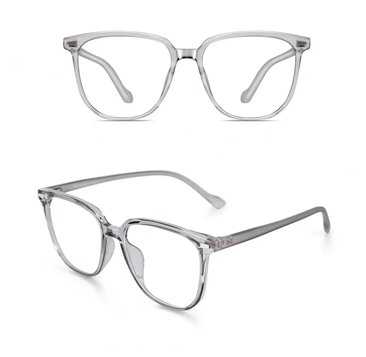 Crystal Gray square full-rim eyeglass frame, front and three-quarter product views