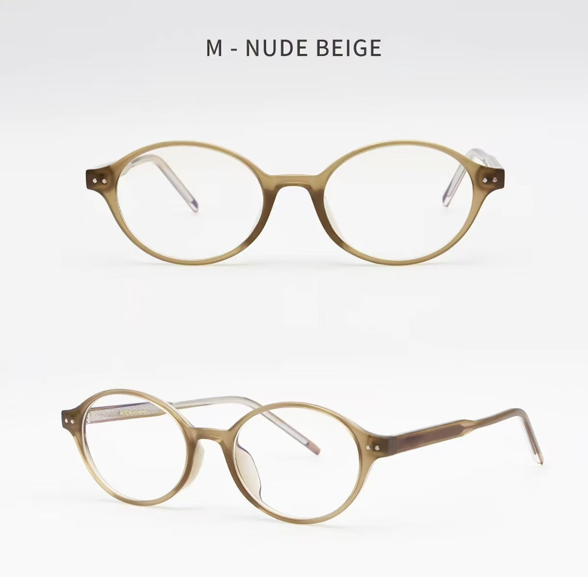 Nude Beige acetate oval full-rim glasses, original front and 45-degree product detail
