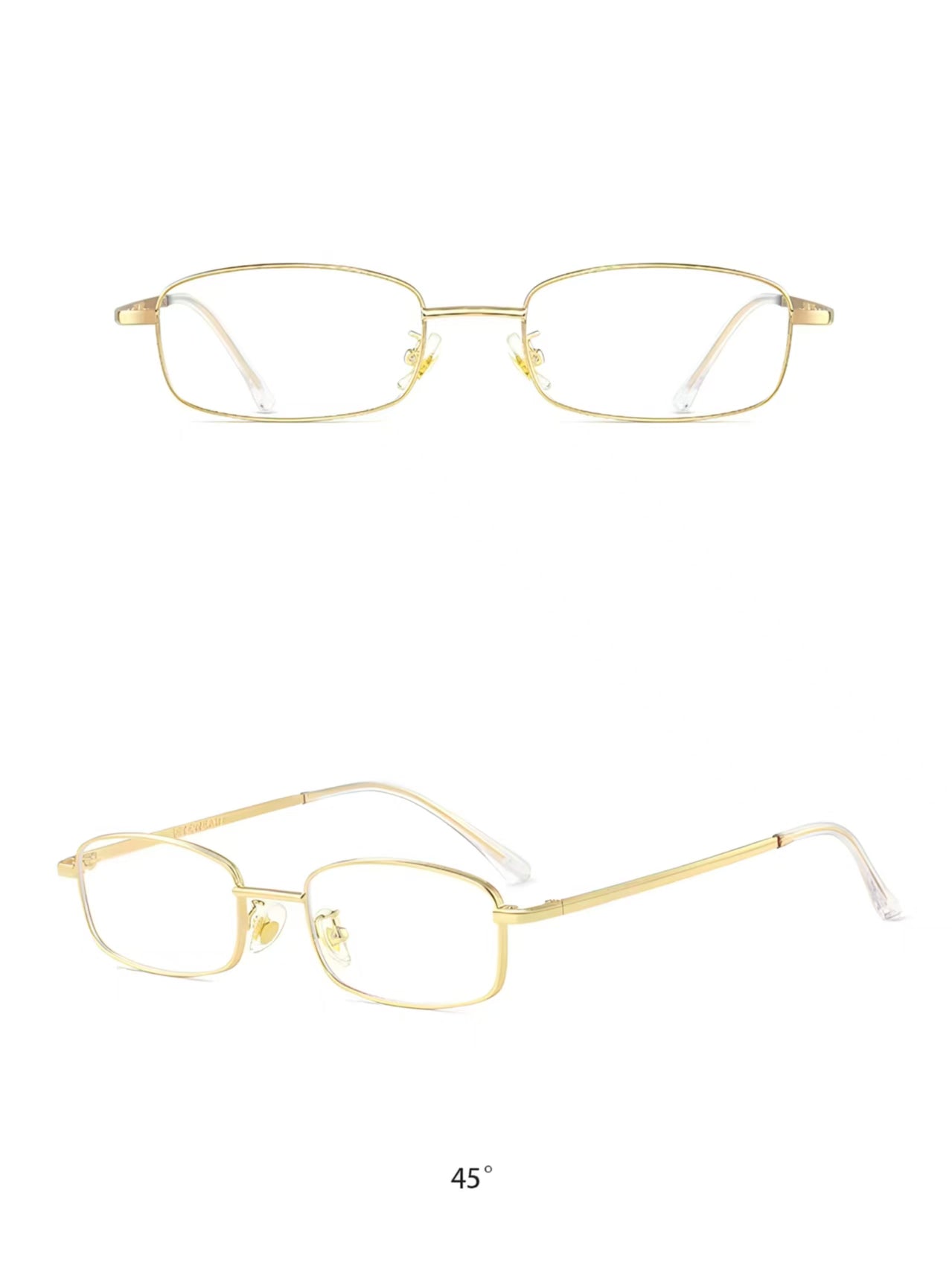 Gold retro small-fit square full-rim glasses, original front and 45-degree views