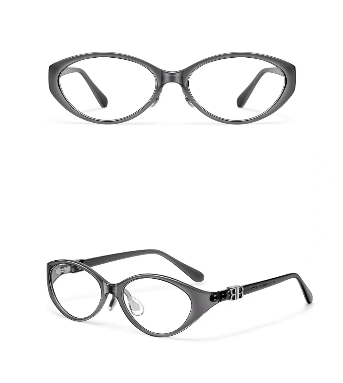 Crystal Gray women's TR90 oval cat-eye glasses, original front-and-45-degree composite detail